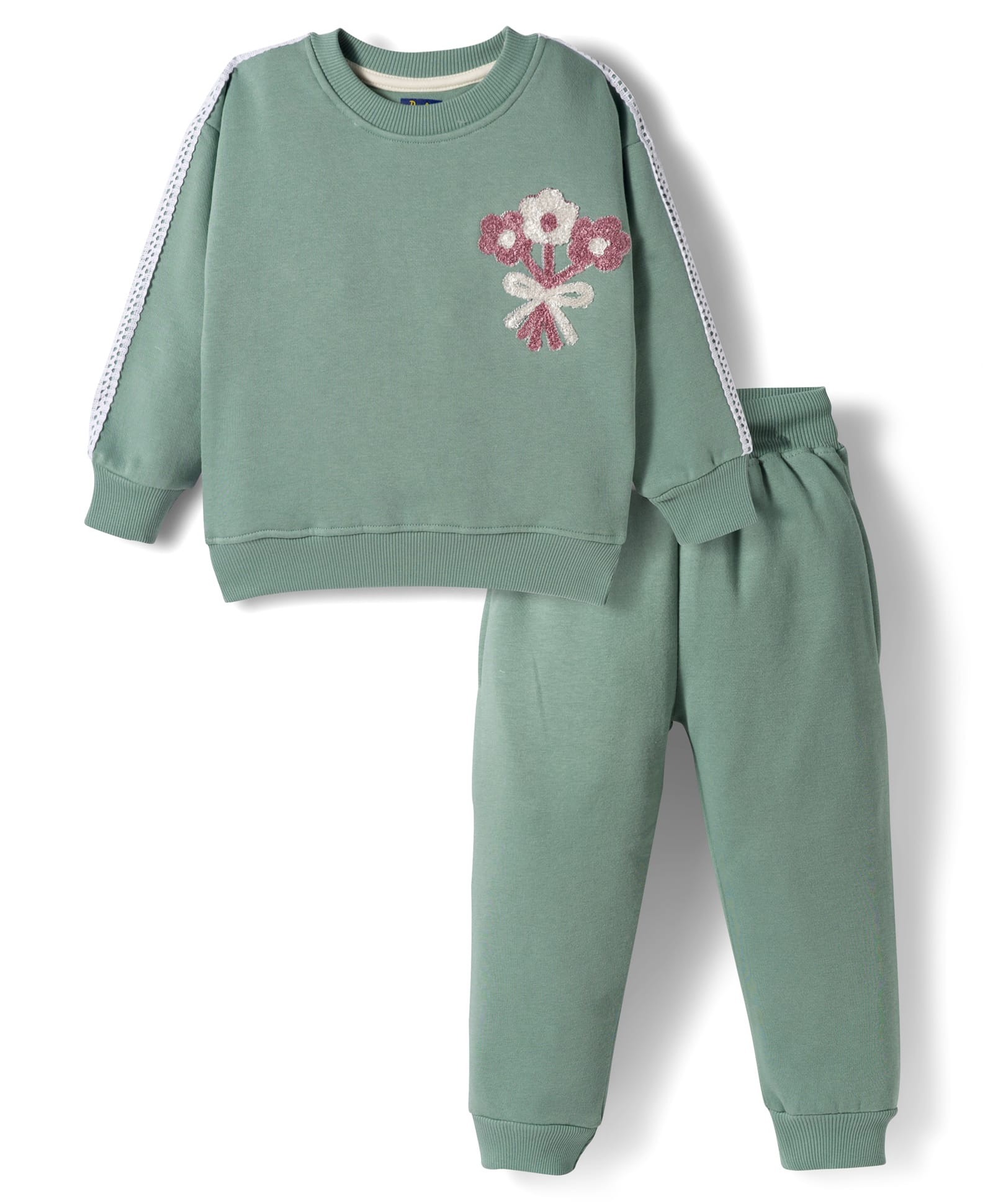 Pepito Knit Full Sleeves Winter Wear Night Suit With Floral Embriodery - Green-image-1