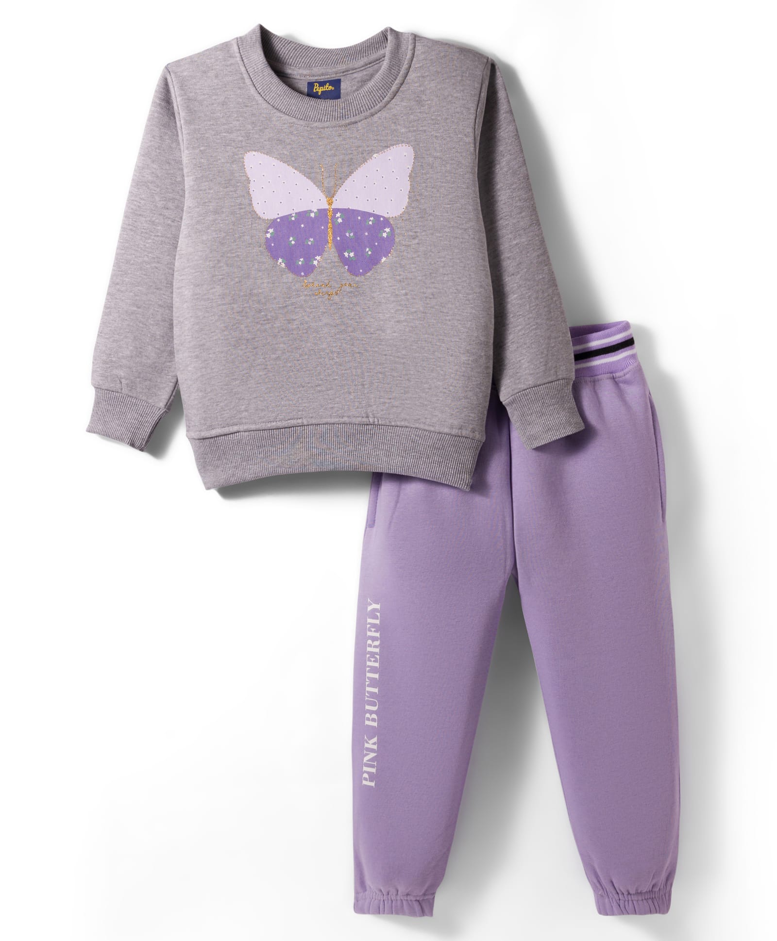 Pepito Knit Full Sleeves Winterwear Fleece Night Suit With Butterfly Print - Grey & Lilac-image-3