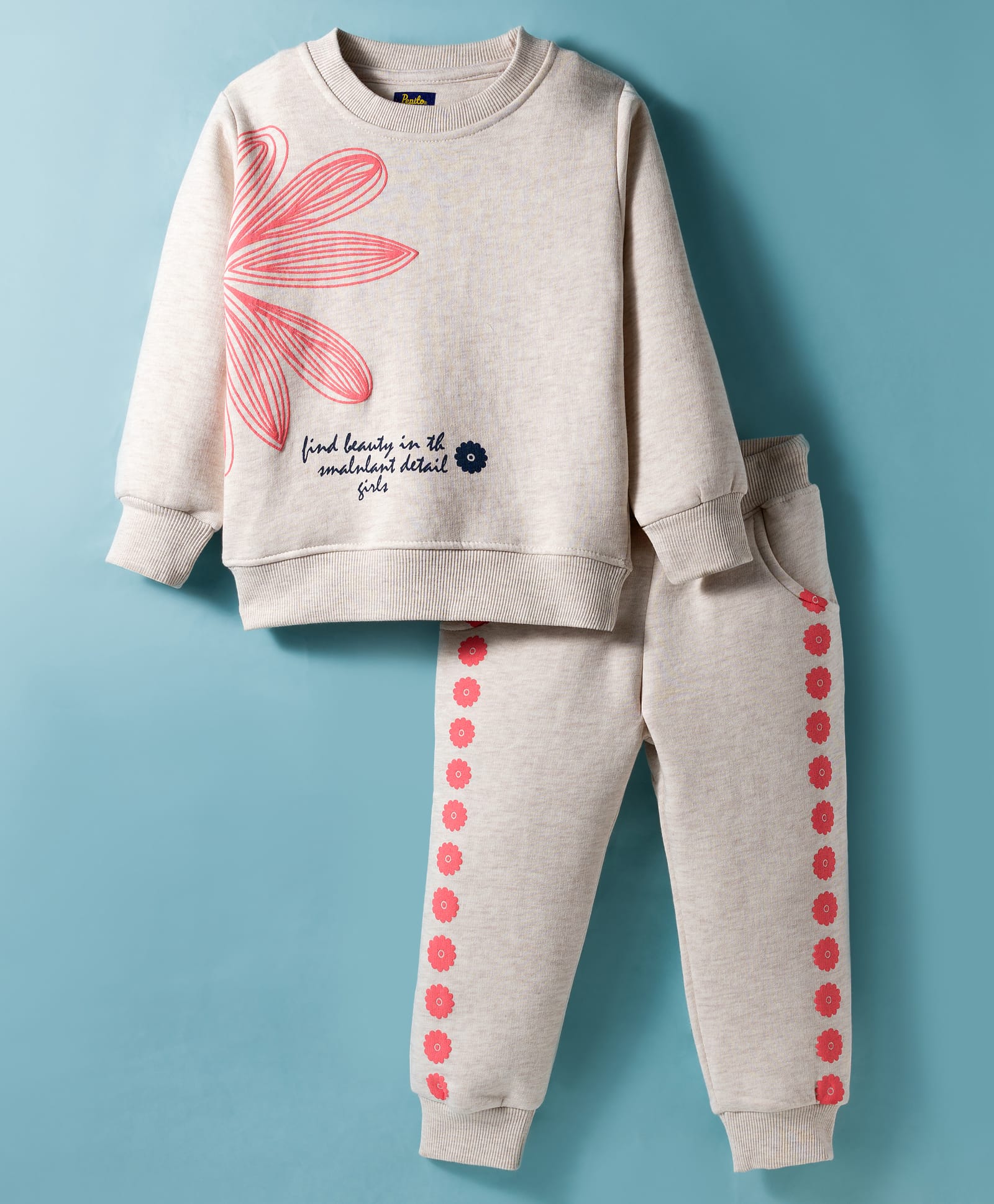 Pepito Knit Full Sleeves Winter Wear Fleece Night Suit With Floral Print - Cream-image-2