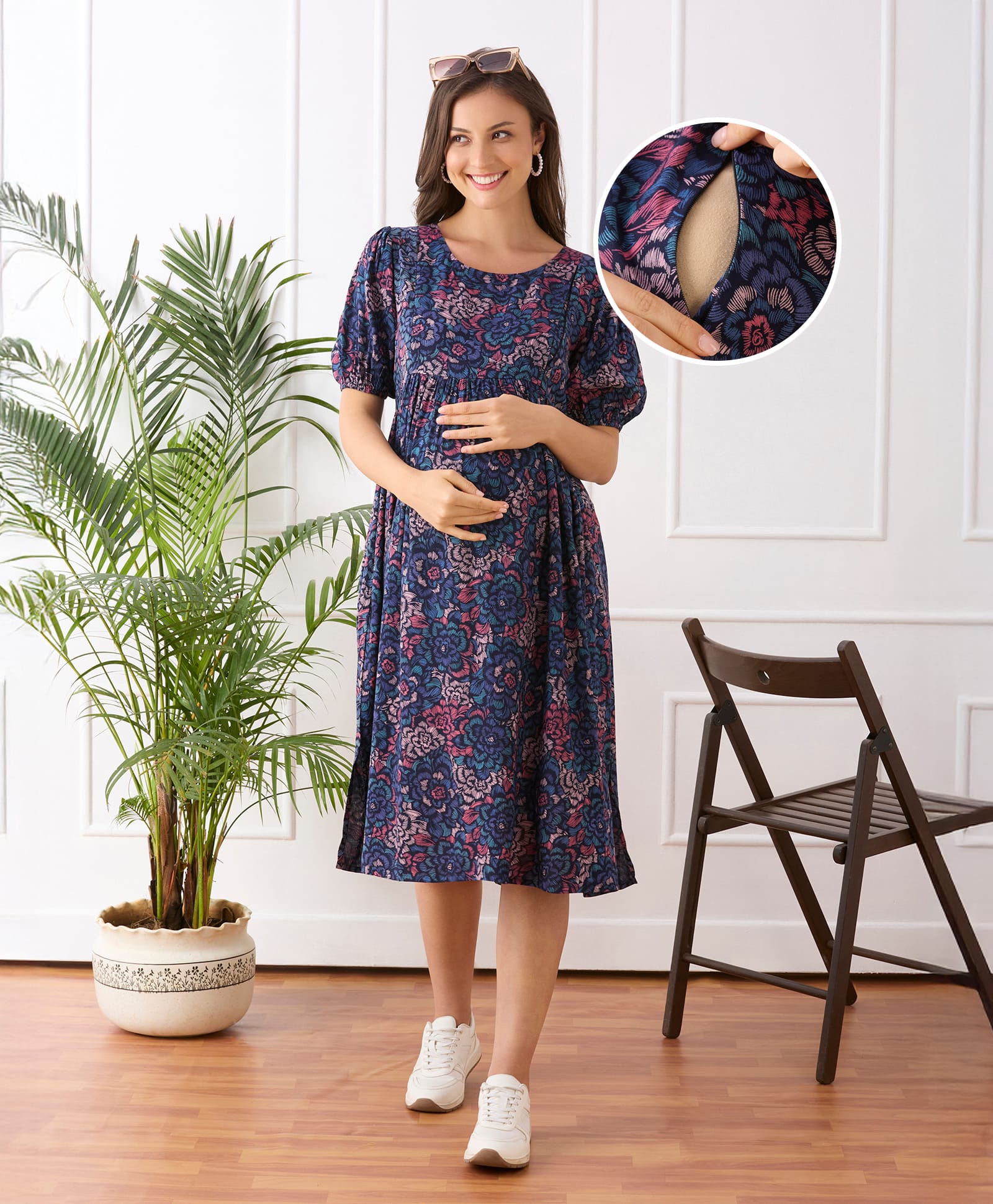 Bella Mama Woven Half Sleeves Floral Printed Maternity Dress - Navy Blue-picture-26