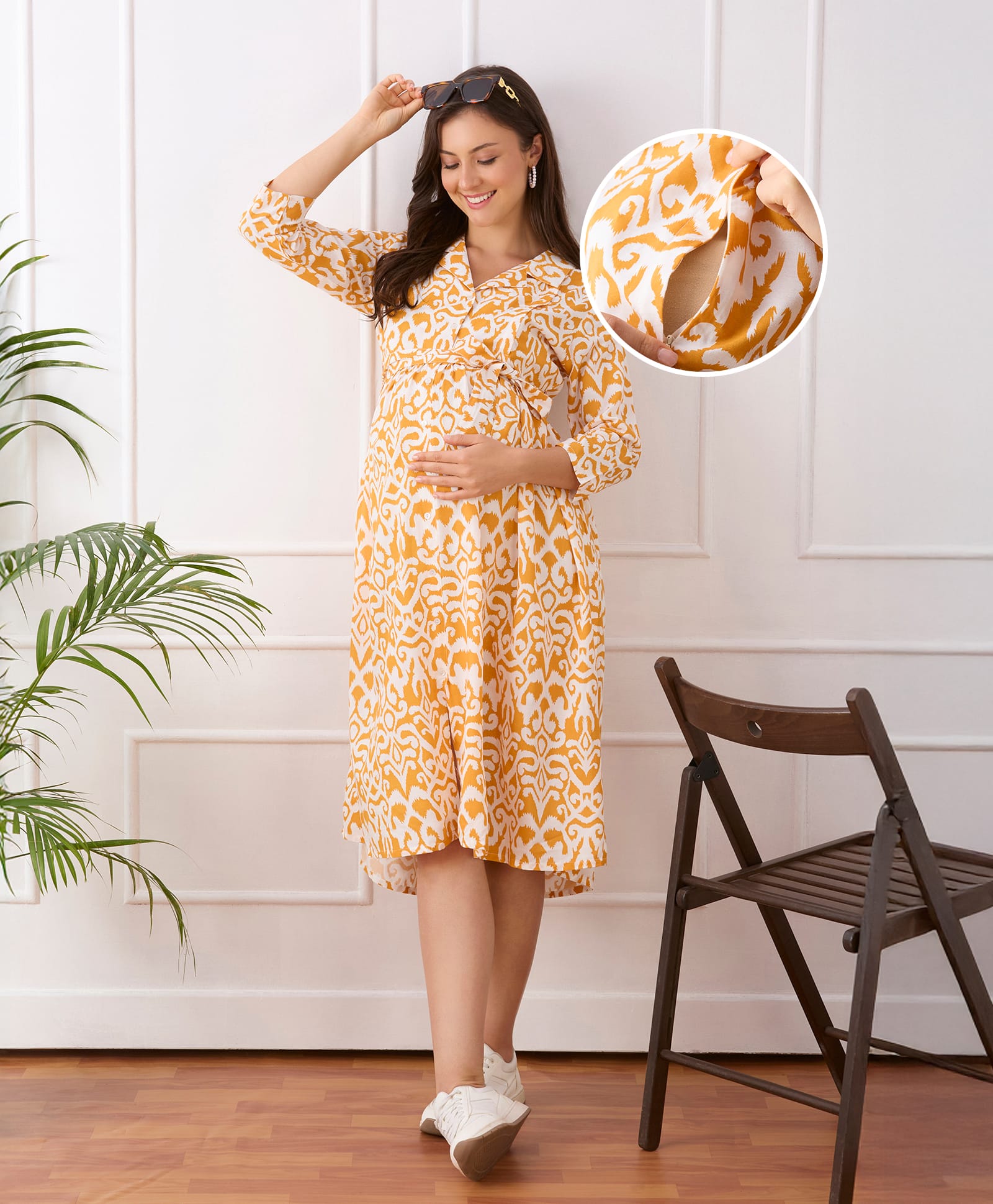 Bella Mama Viscose Woven Three Fourth Sleeves Maternity Shirt Dress with Floral Print - Yellow-image-29