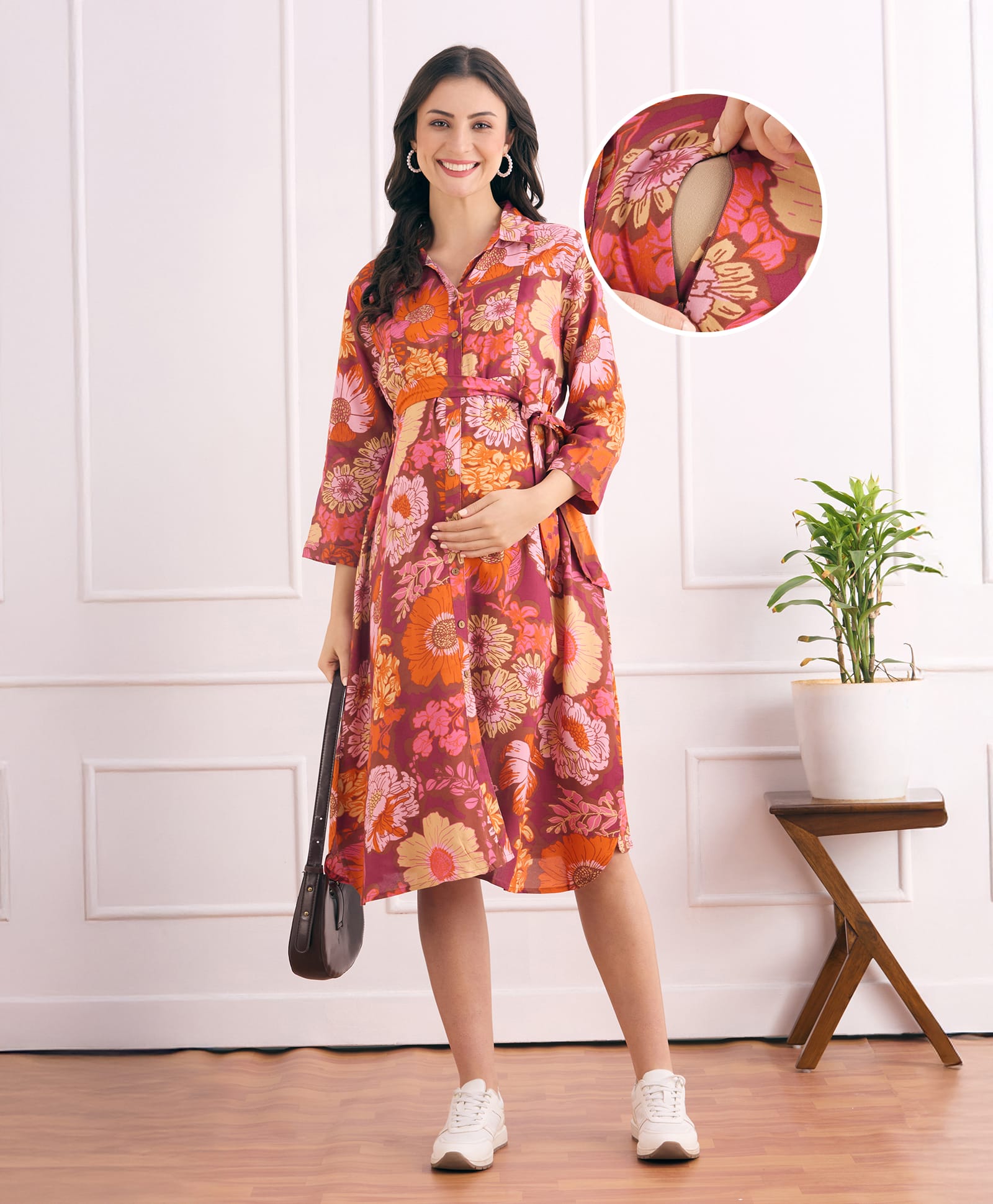 Bella Mama Viscose Woven Three Fourth Sleeves Front Open Maternity Shirt Dress with Floral Print - Maroon-image-48
