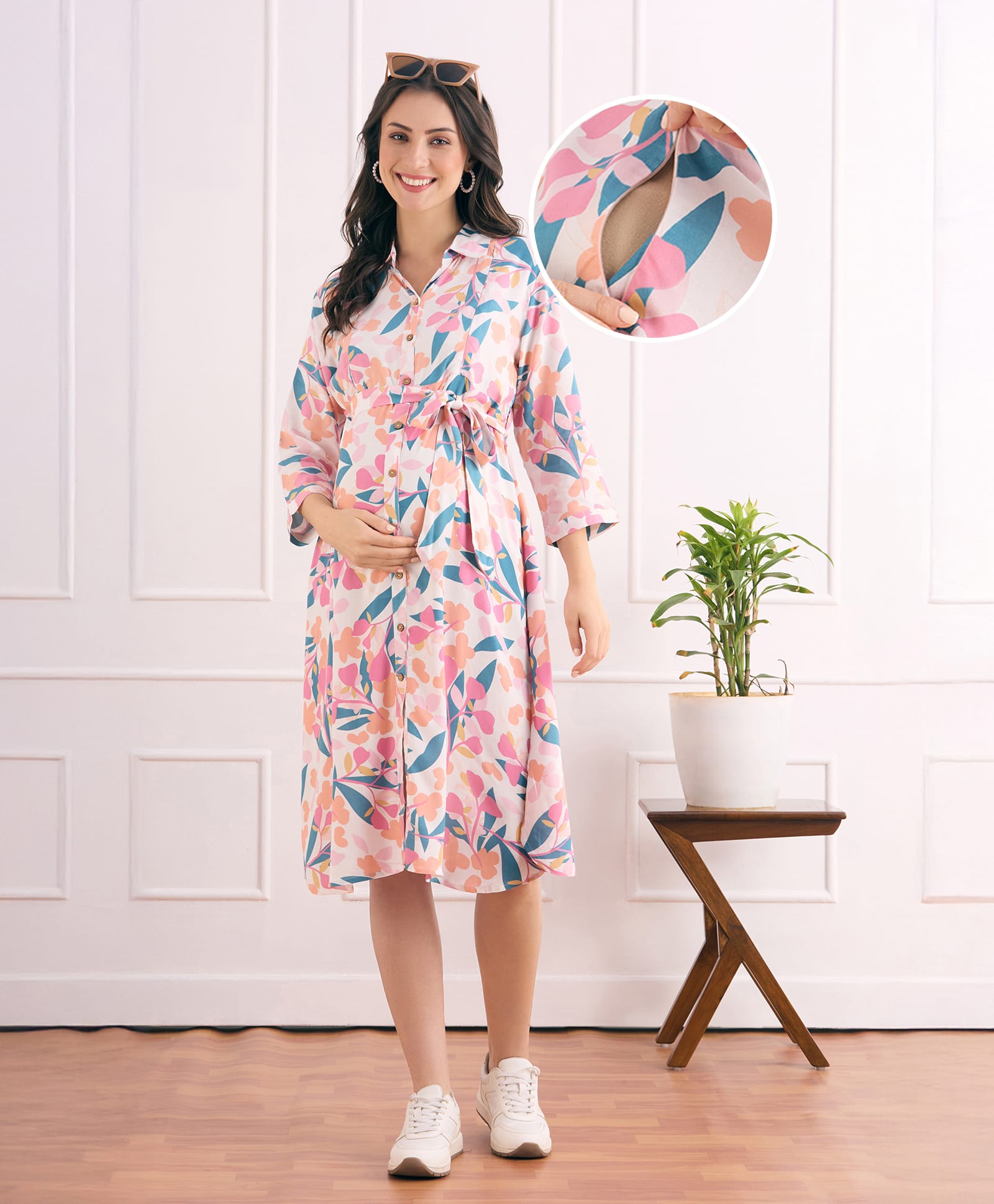 Bella Mama Woven Three Fourth Sleeves Maternity Shirt Dress With Floral Print - Pink
