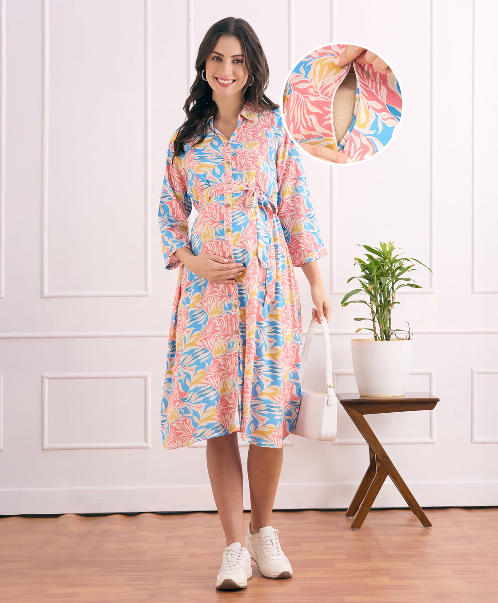 Bella Mama Viscose Woven Three Fourth Sleeves Front Open Maternity Shirt Dress with Floral Print - Light Blue & Pink