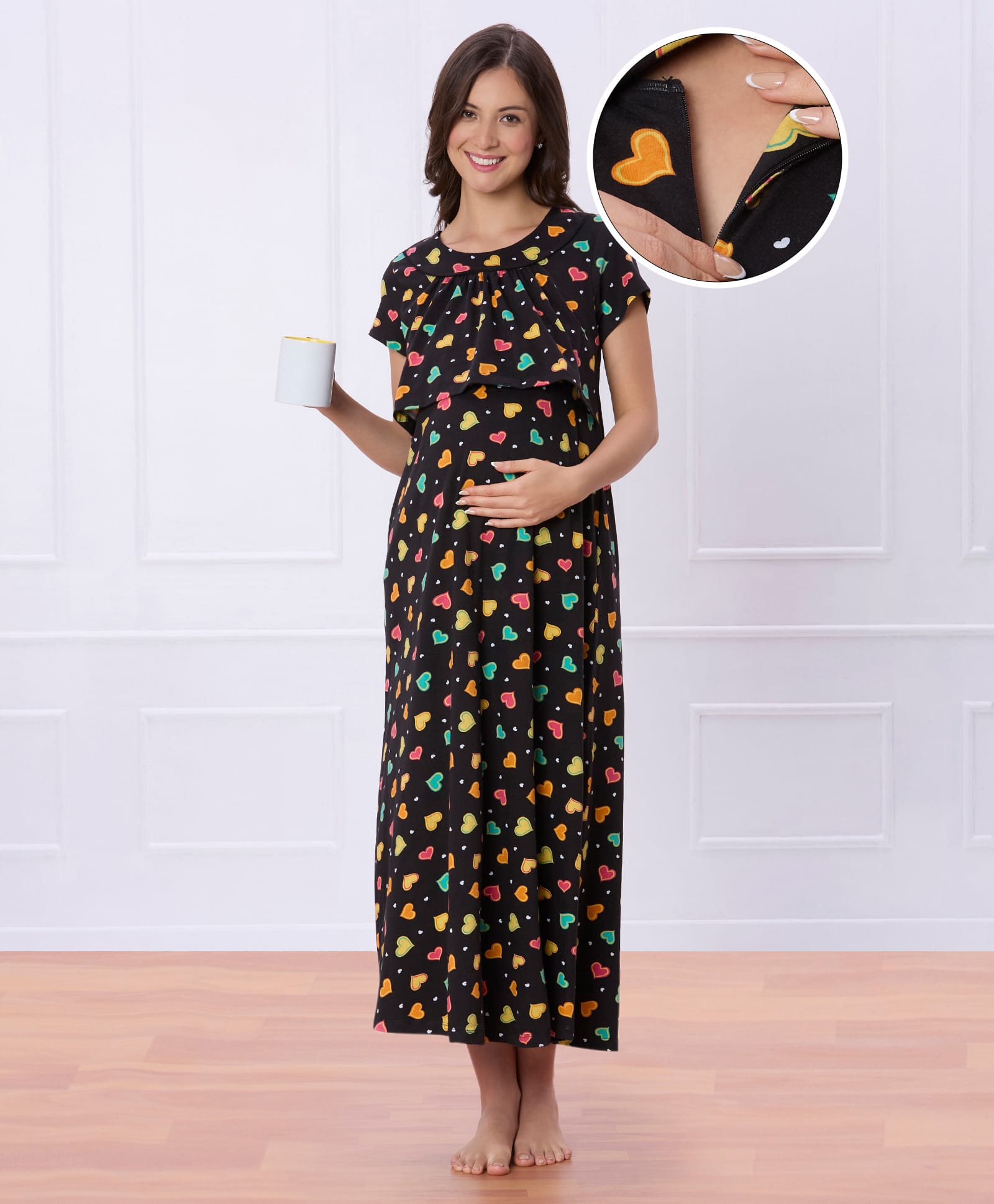Bella Mama 100% Cotton Knit Half Sleeves Concealed Zipper Nursing Nighty with Heart Print - Black-picture-16