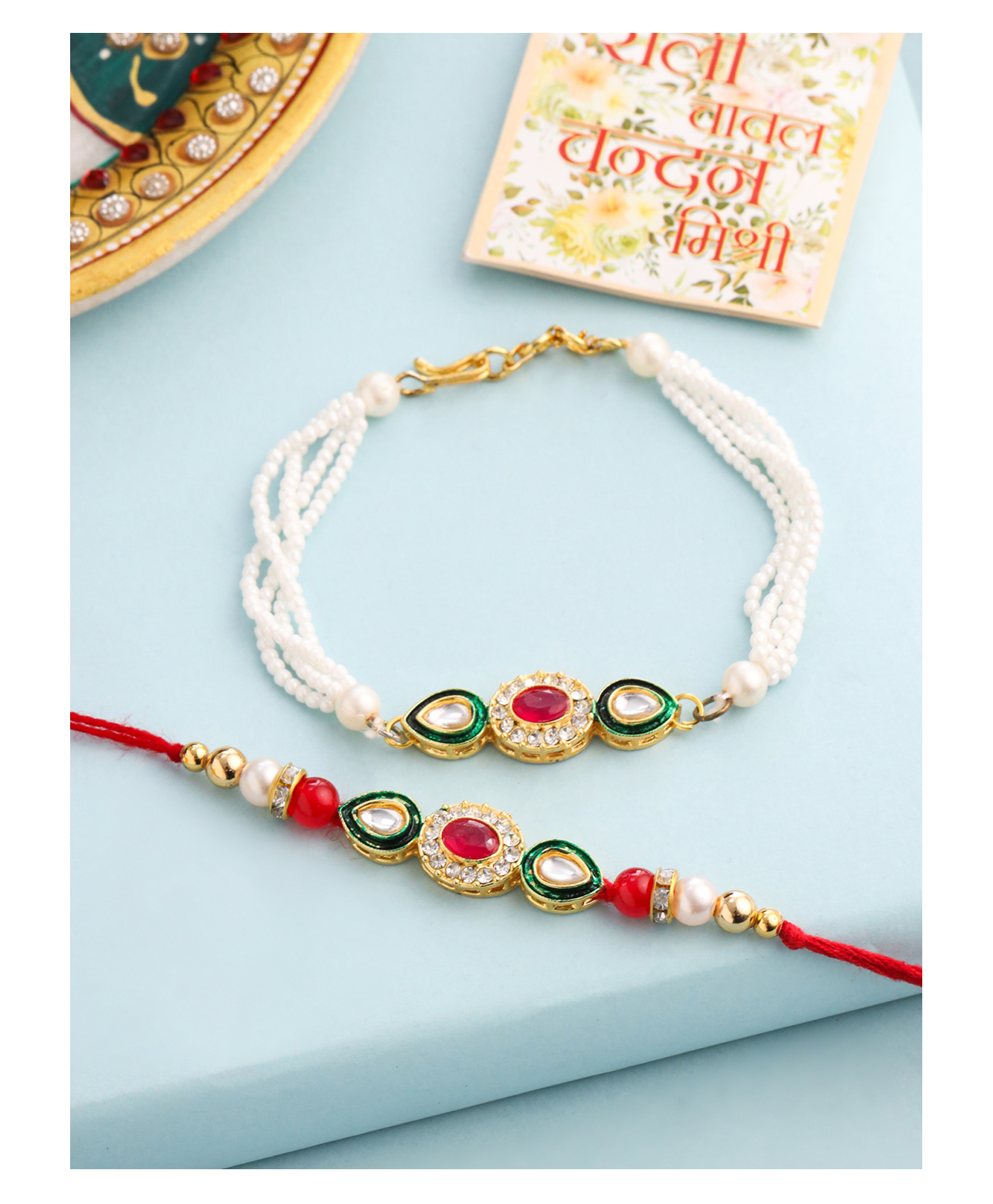 NVR Set of 2 Multicolor Oval Shape Kundan Studded & Beads Bhaiya Bhabhi Rakhi with Roli Chawal Chandan & Mishri - Multicolor-picture-15