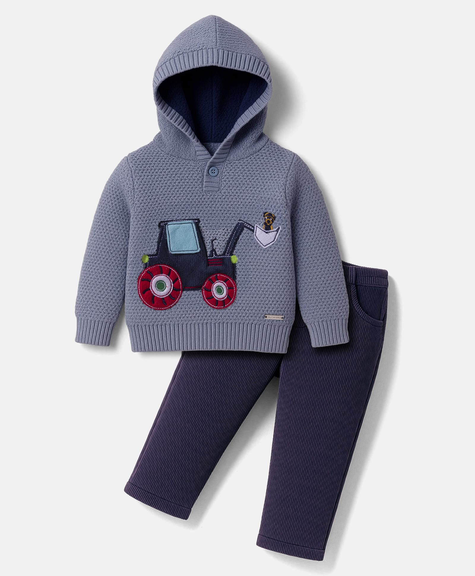 Yellow Apple Knit Full Sleeves Hooded Baby Sweater Sets With Vehicle Print - Blue & Navy Blue-image-36