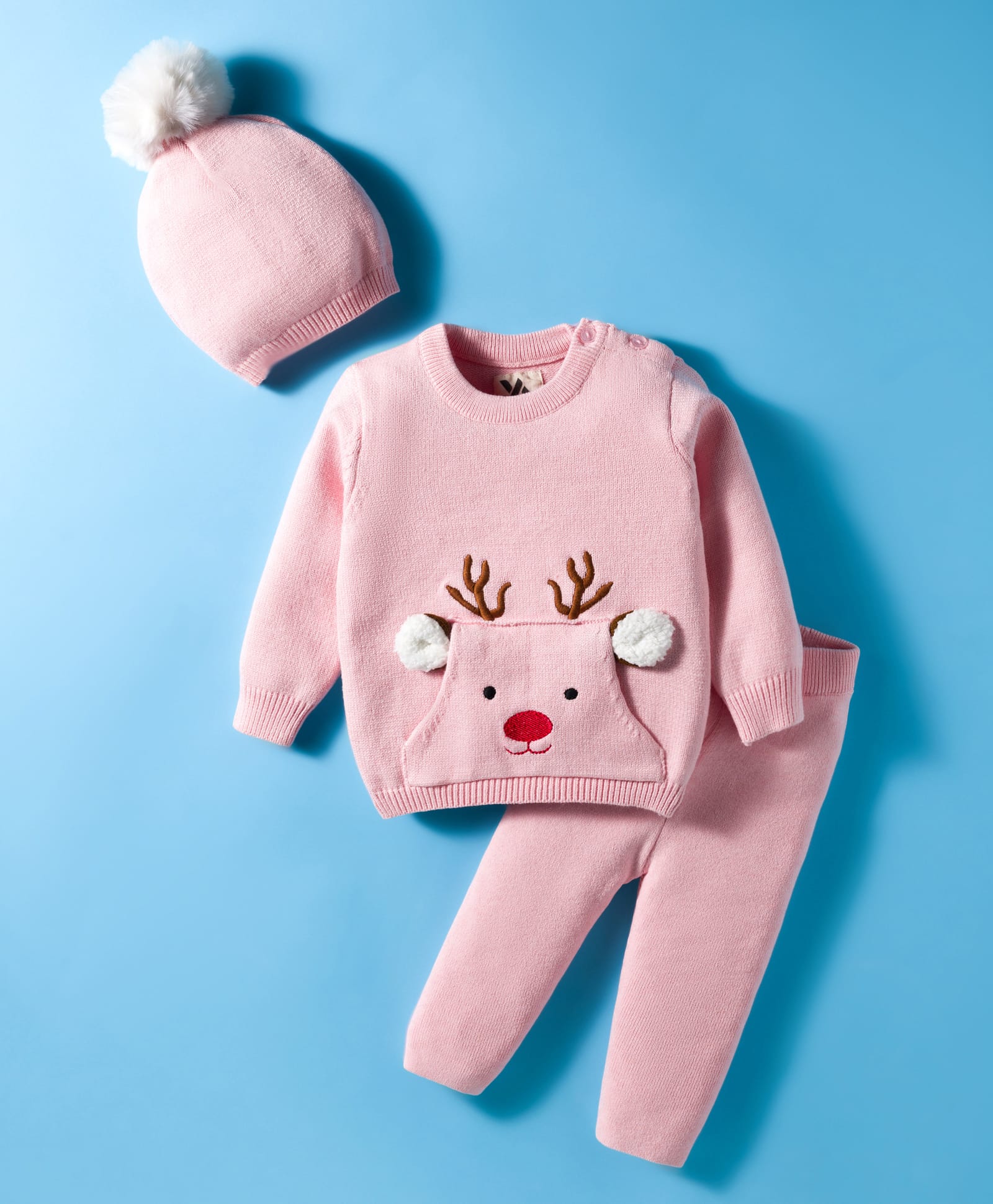 Yellow Apple Knit Full Sleeves Pullover Sweater Set with Cap & Deer Embroidery - Pink-picture-17