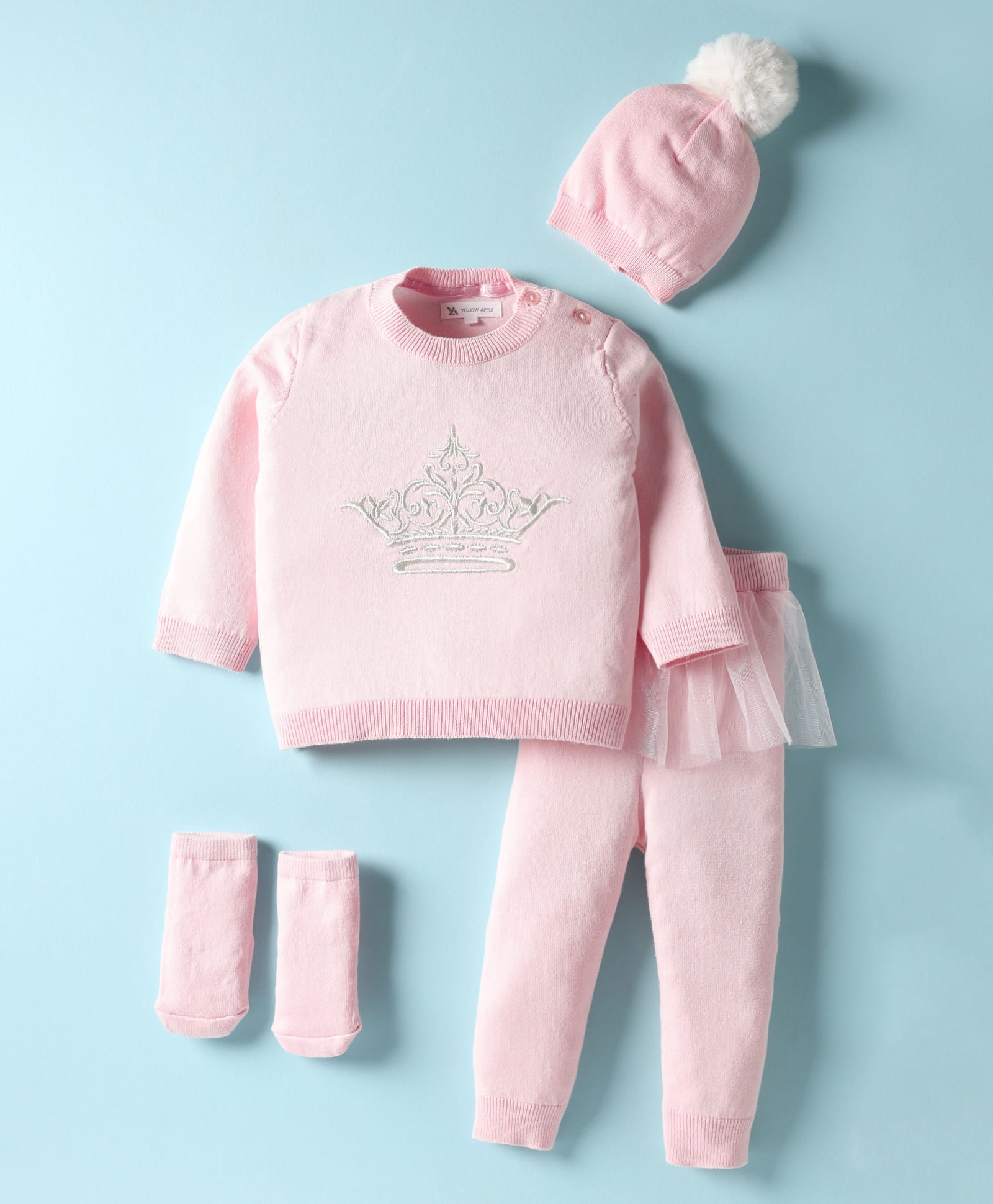 Yellow Apple Cotton Knitted Full Sleeves Crown Embroidered Pullover Sweater Set With Cap & Booties - Baby Pink-image-30