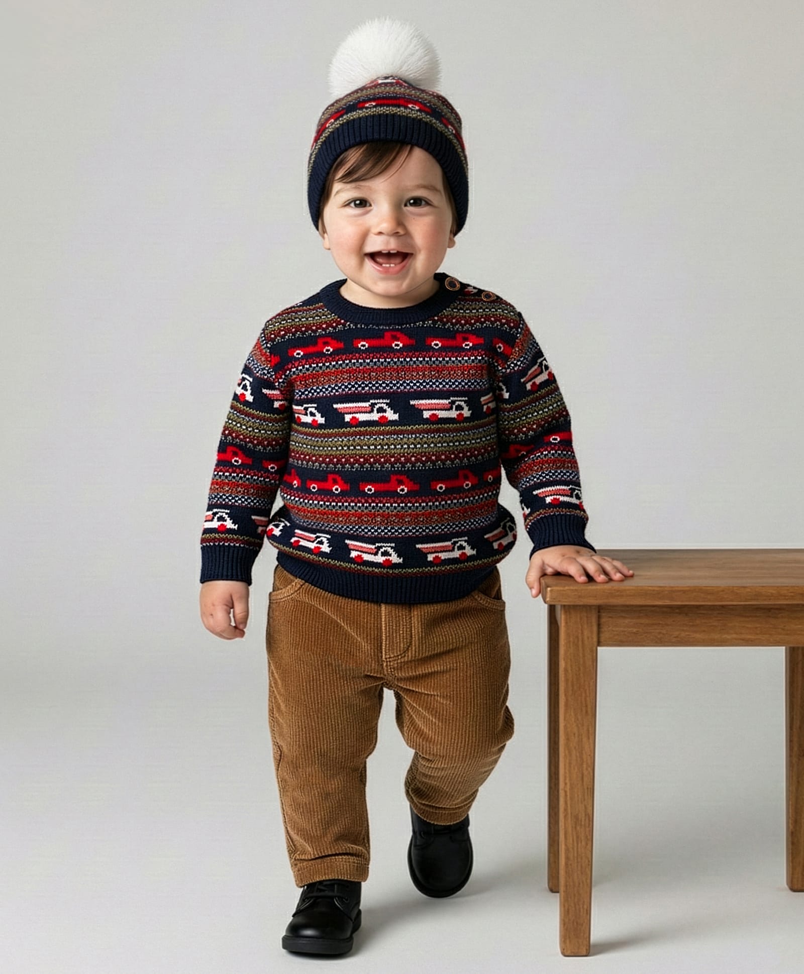 Yellow Apple Knit Full Sleeves Pullover Sweater Set with Cap & Vehicle Design - Navy Blue-image-34