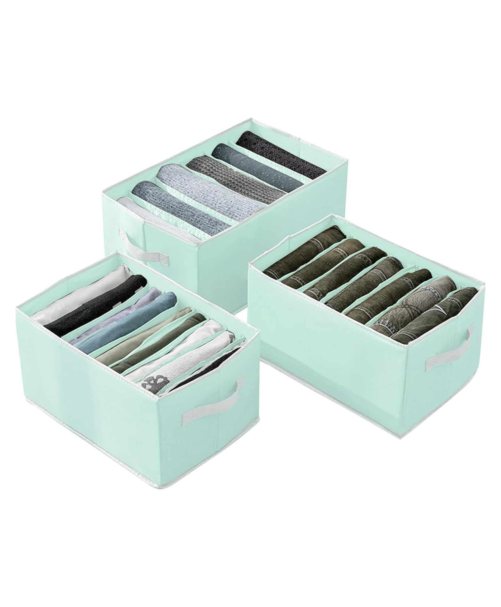 House of Quirk Set of 3 Wardrobe Baby Clothes Organizer with Handle Closet Drawer Organizers for T-shirt Sweater Kids Clothes 6+7+9 Grids - Green-image-3