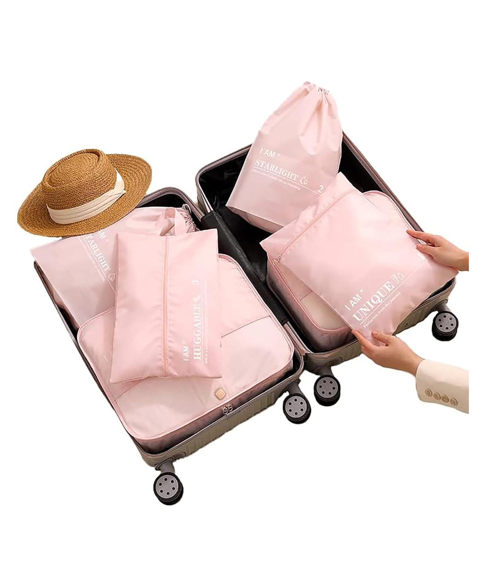 House of Quirk Polyester 6Pcs Set Travel Organizer Packing Cubes Lightweight Travel Luggage Organizers With Laundry Bag - Light Pink-image-18