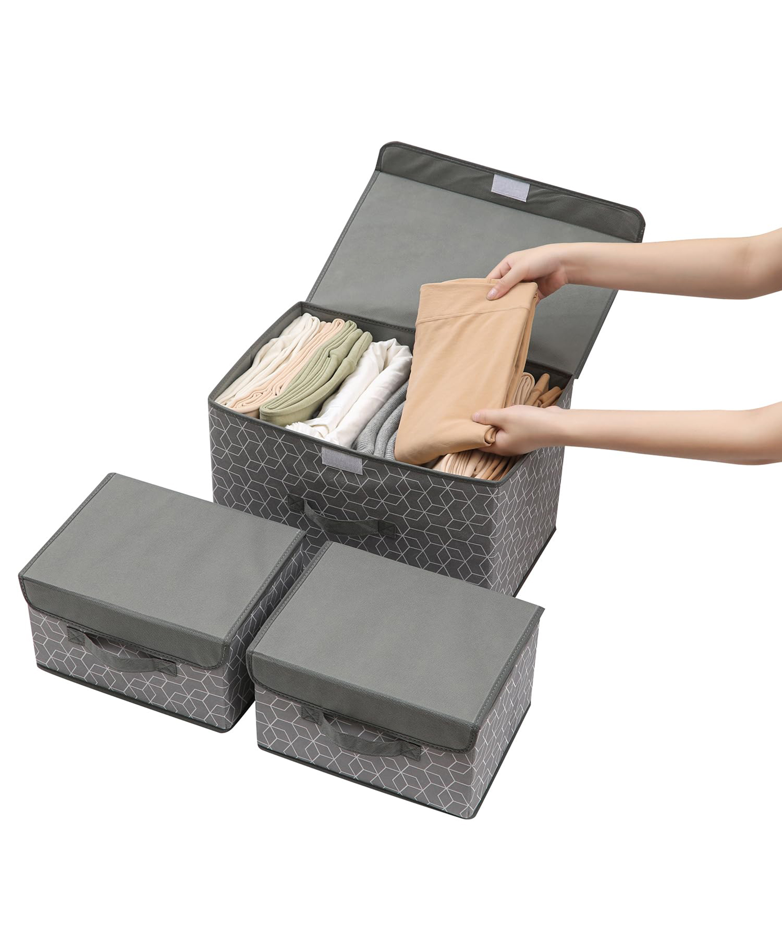 House of Quirk 3 Pack Foldable Storage Bin with Lid and Handle Versatile Storage Baskets Boxes for Toys Clothes Papers Books - Grey Cube-image-3