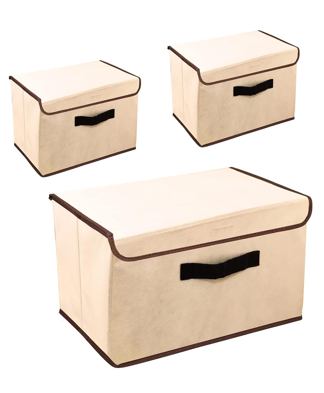 House of Quirk 3 Pack Foldable Storage Bin with Lid and Handle Versatile Storage Baskets Boxes for Toys Clothes Papers Books - Beige-image-48