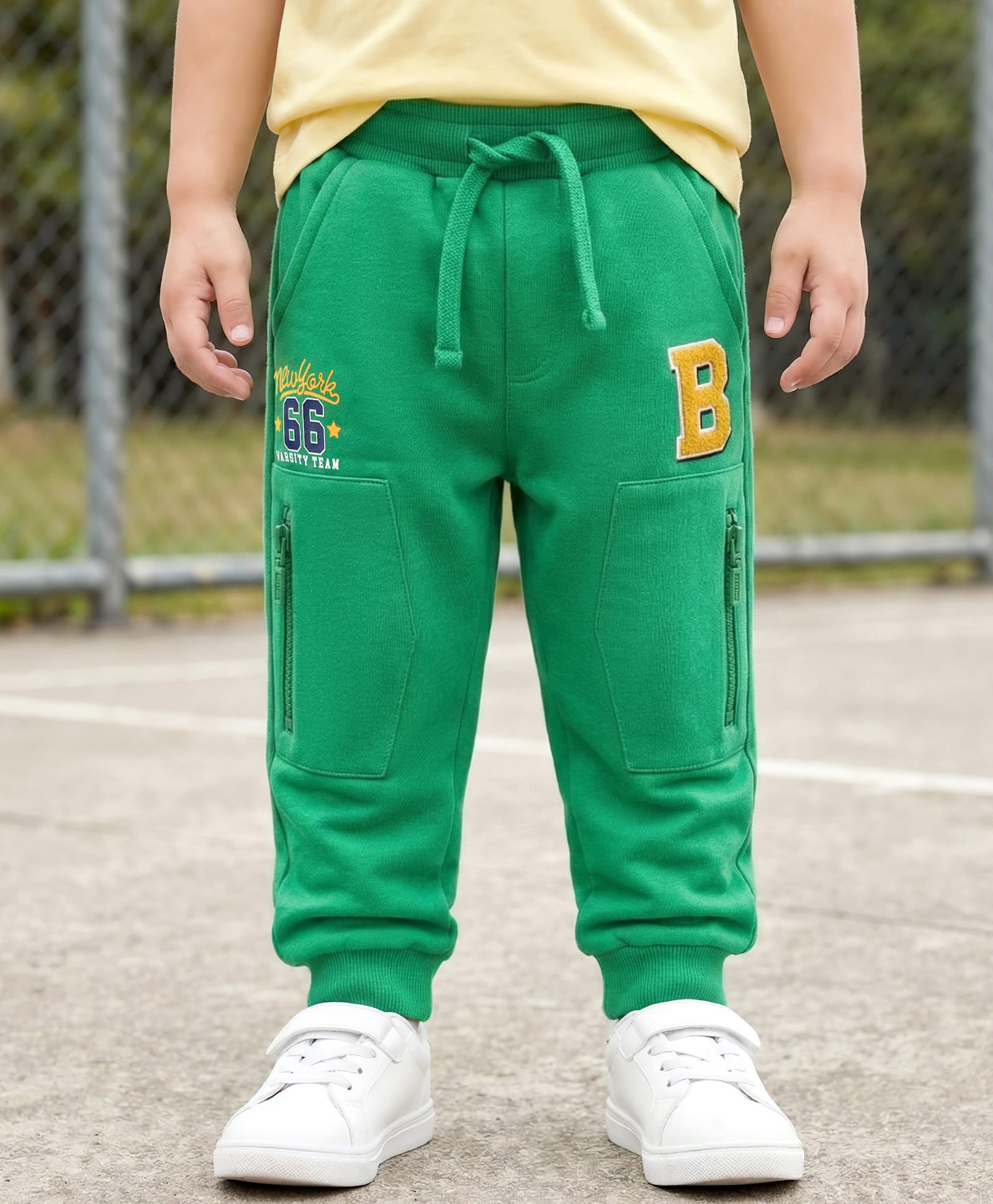 Babyhug Cotton Terry Knit Full Length Lounge Pant with 66 New York Varsity Team Print - Green-picture-27