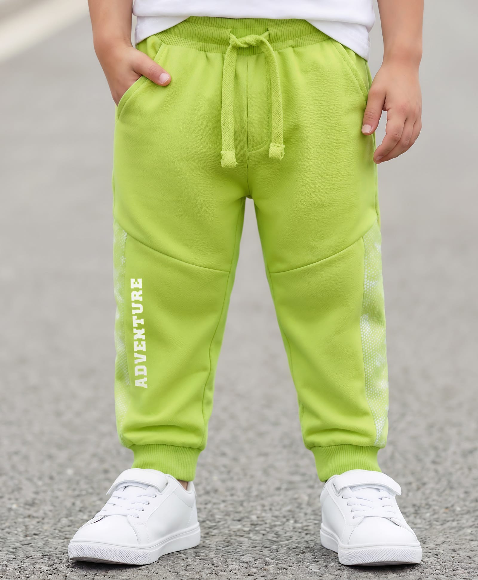 Babyhug Cotton Terry Knit Full Length Lounge Pants with Adventure Print & Cut & Sew Design - Limegreen-image-9