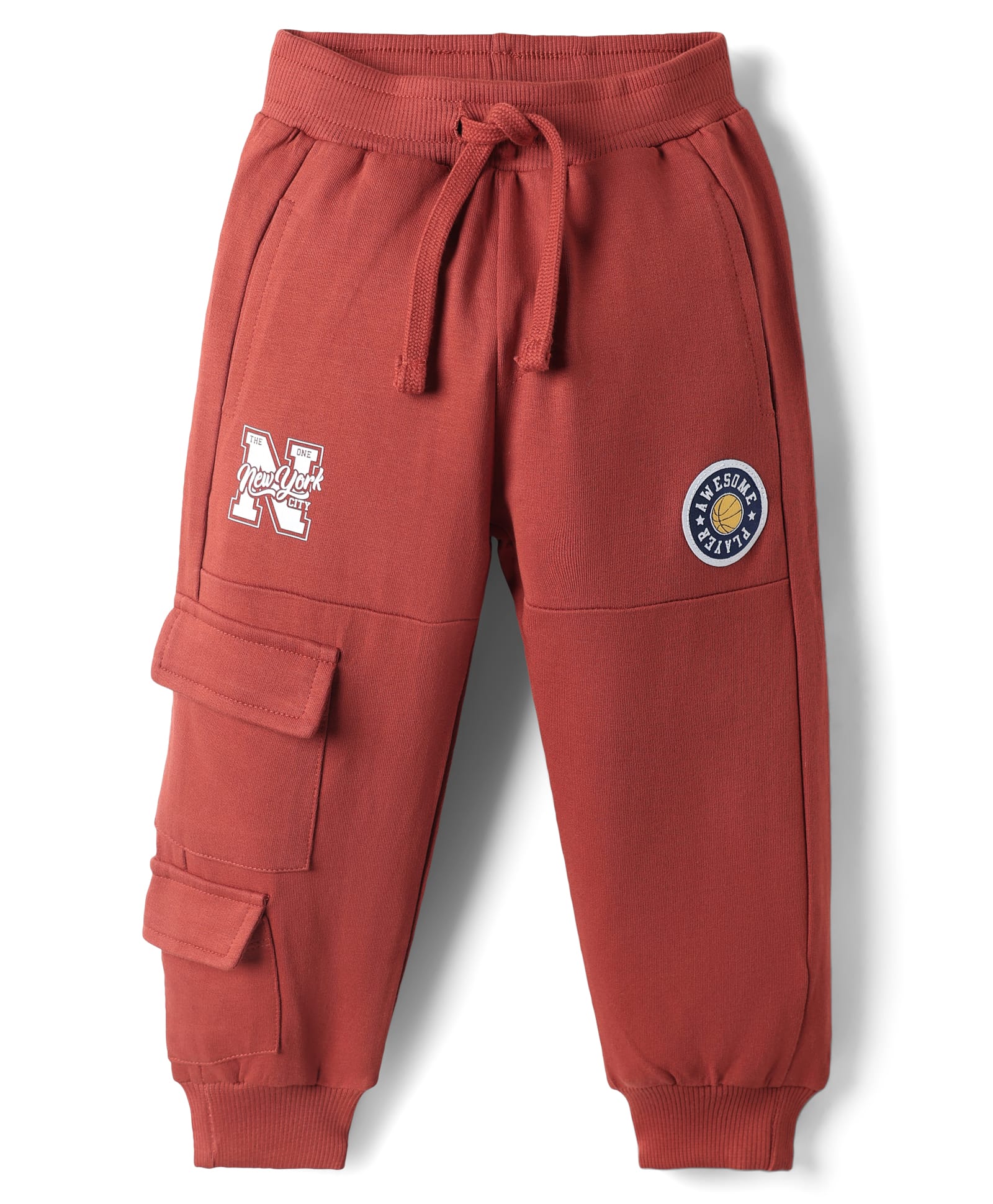 Babyhug Cotton Terry Knit Full Length Lounge Pants with Badge & NYC Print - Maroon-image-46