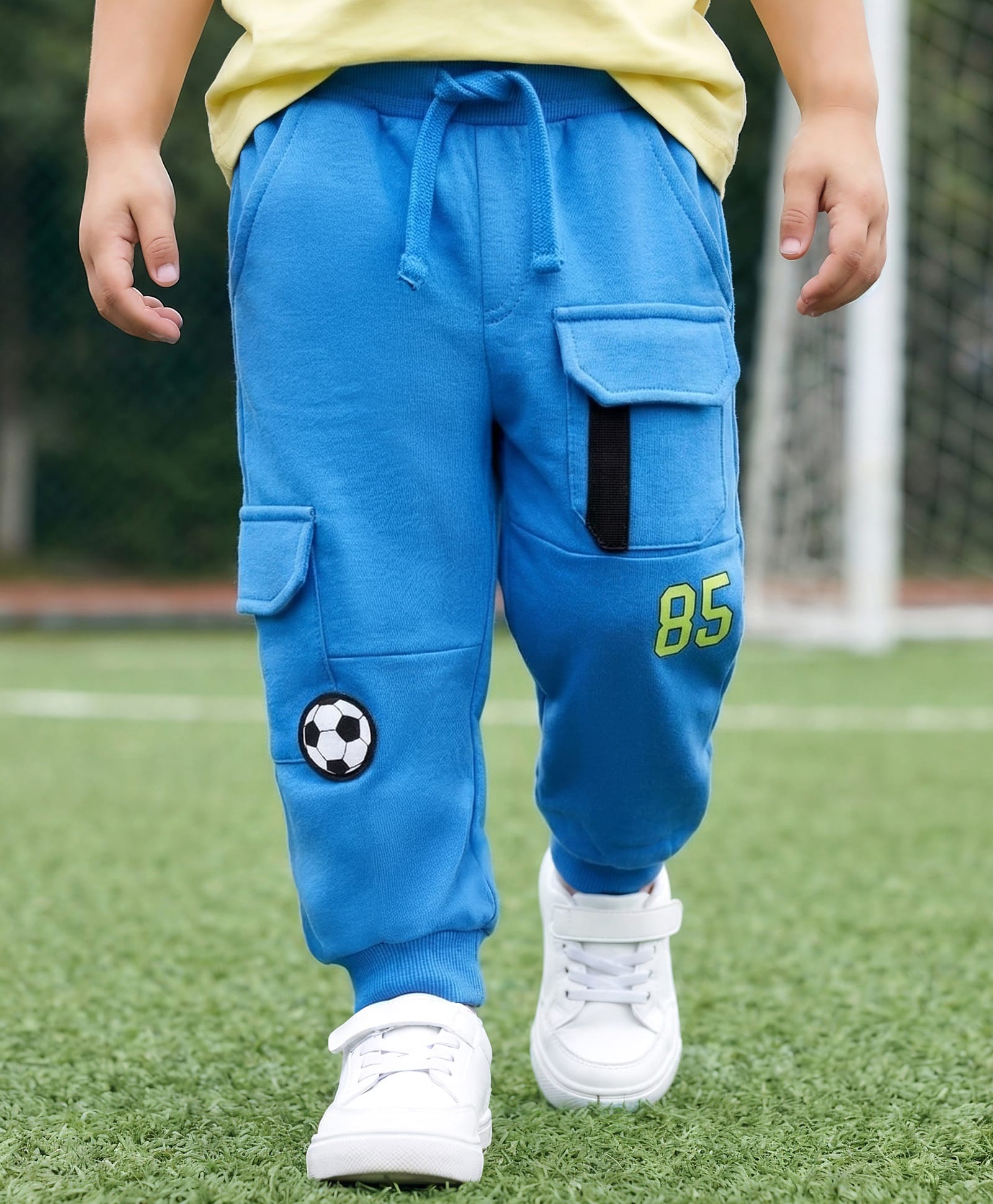 Babyhug Cotton Terry Knit Full Length Lounge Pants with Football Badge - Blue-picture-19