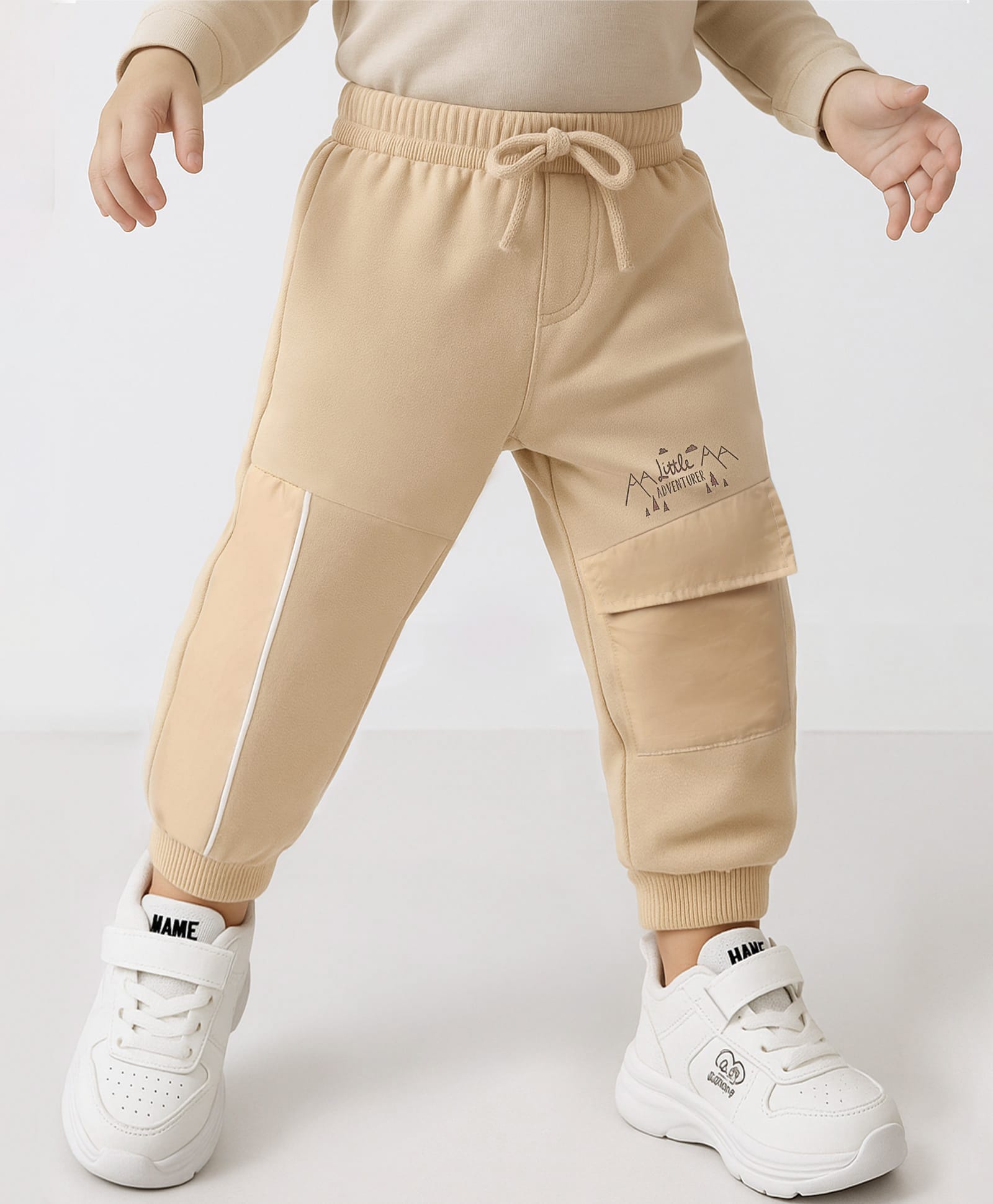 Babyhug Cotton Terry Knit with Woven Tafetta Pocket Cut & Sew Design Full Length Lounge Pant - Beige-image-16