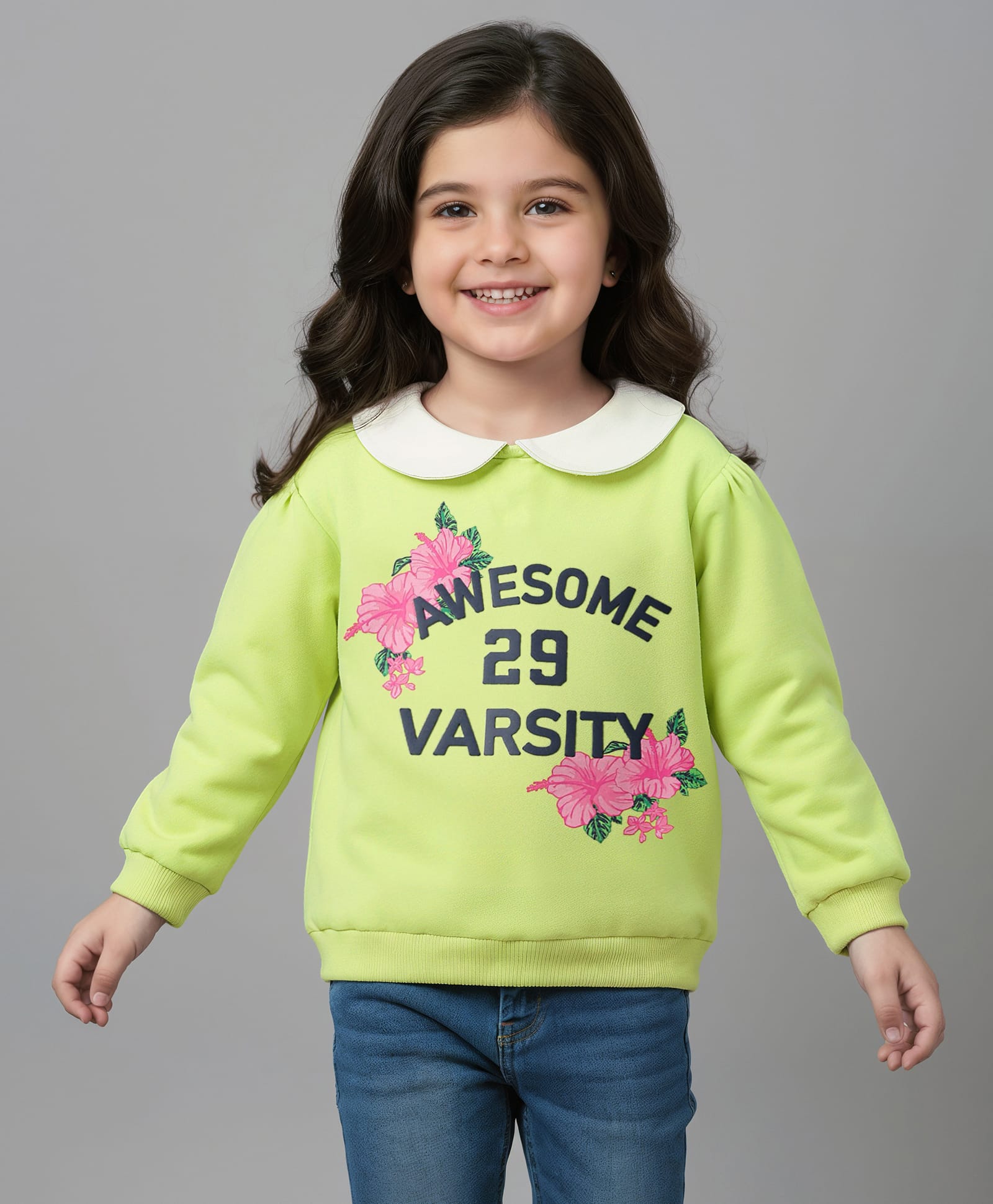 Babyhug 100% Cotton Full Sleeves Floral & Text Printed Sweatshirt With Peter Pan Collar - Light Green-image-42