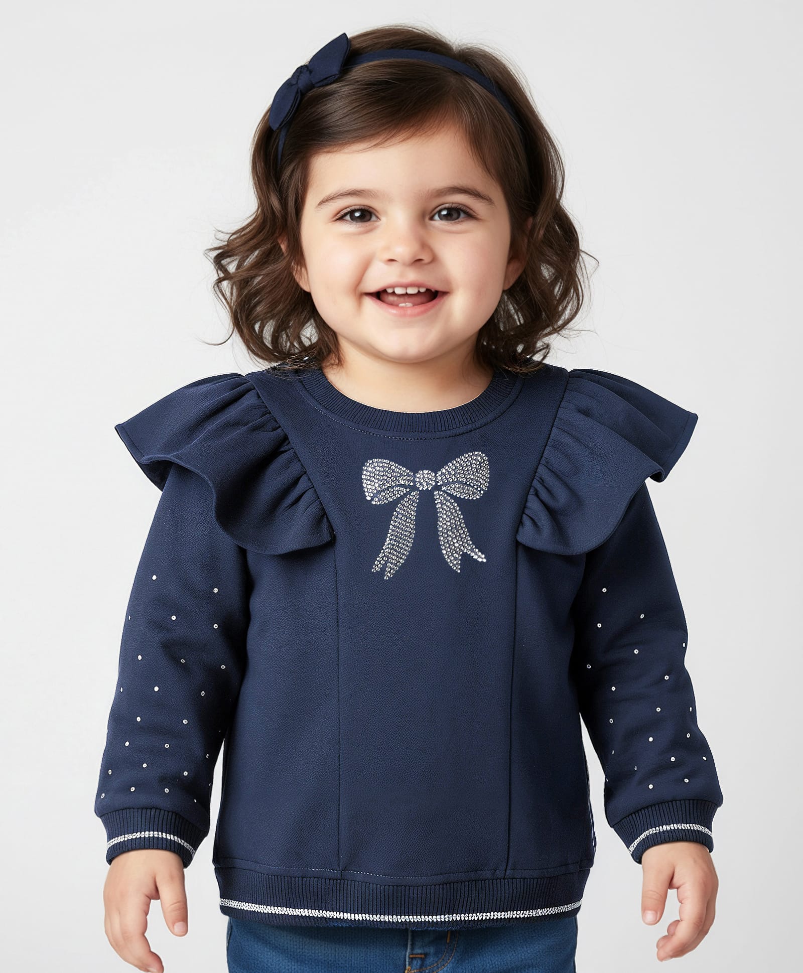 Babyhug 100% Cotton Full Sleeves Bow Embellished Sweatshirt With Frill Detailing - Navy Blue-image-44