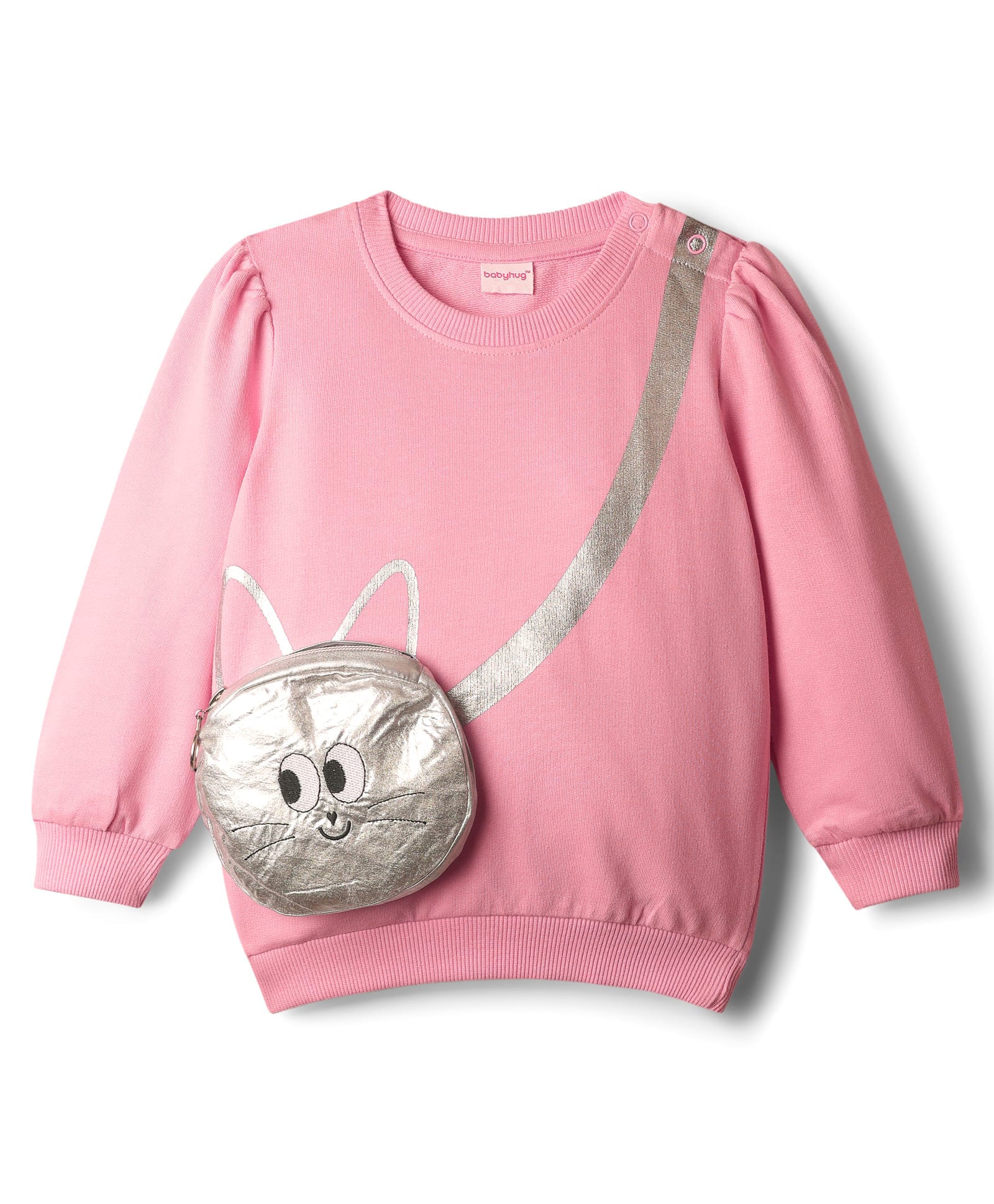 Babyhug Cotton Knit Full Sleeves Sweatshirt with Cat Graphics & Attached Sling Bag - Pink-image-8