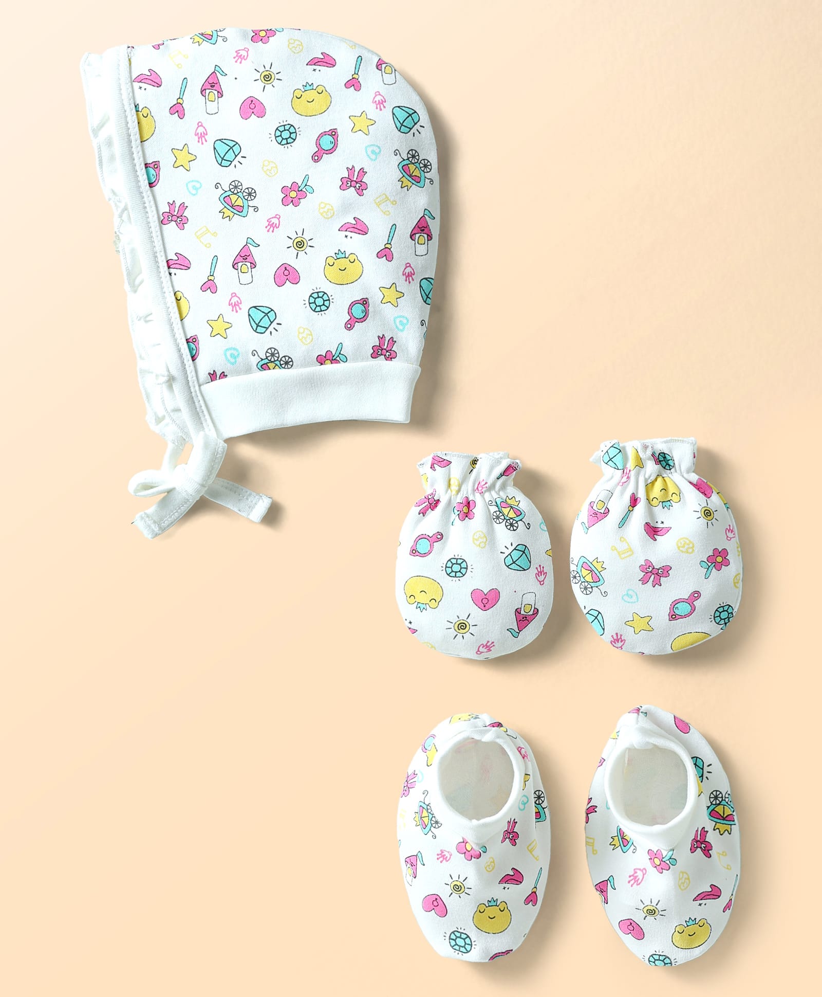 Doodle Poodle Interlock Knit Cap Mittens & Booties With Floral Print White - Diameter 19 cm-image-5