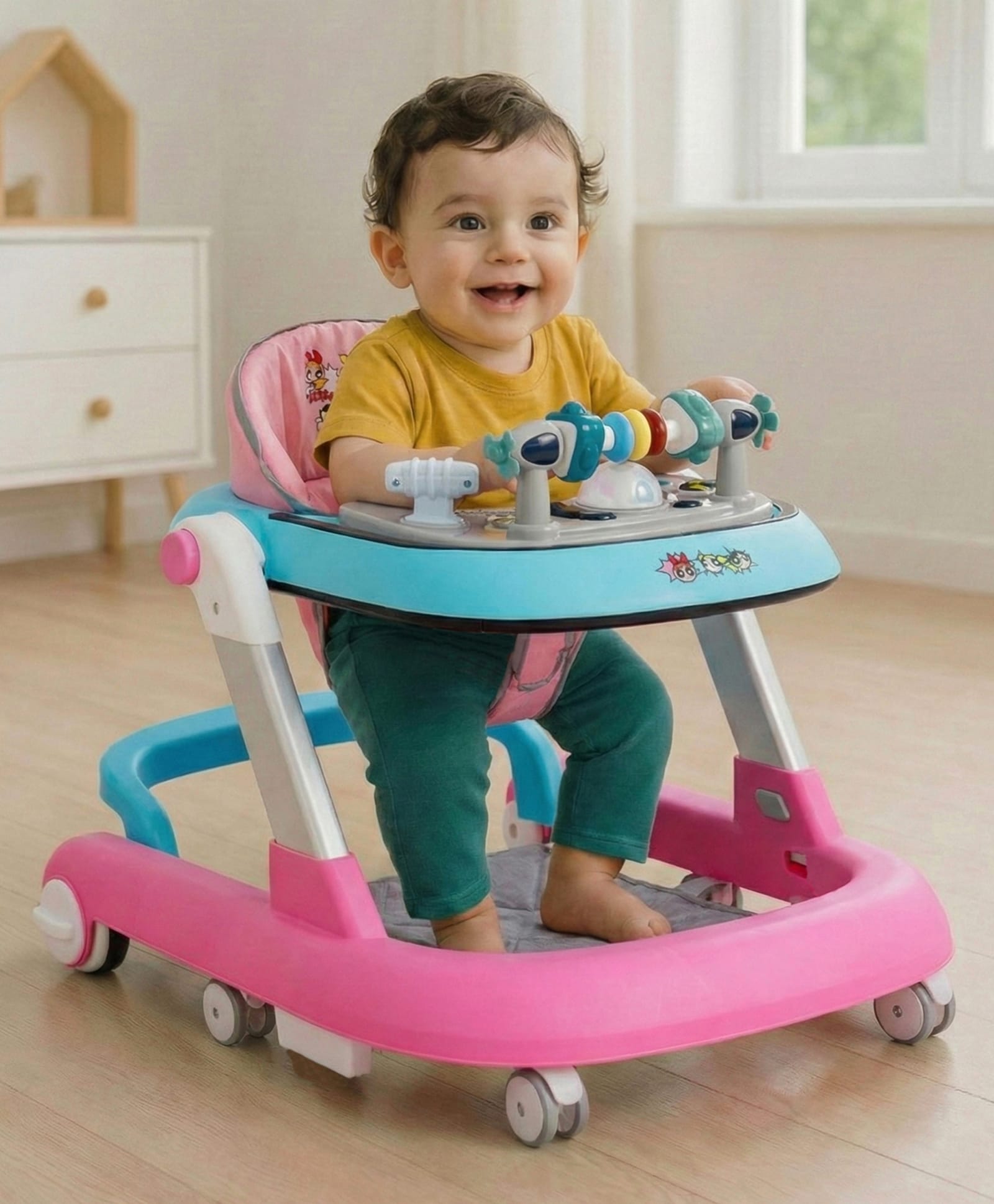 Power Puff Girls 2 in 1 Baby Walker with Anti Fall Protection & Adjustable Height Without Foot Mat - Pink-image-33