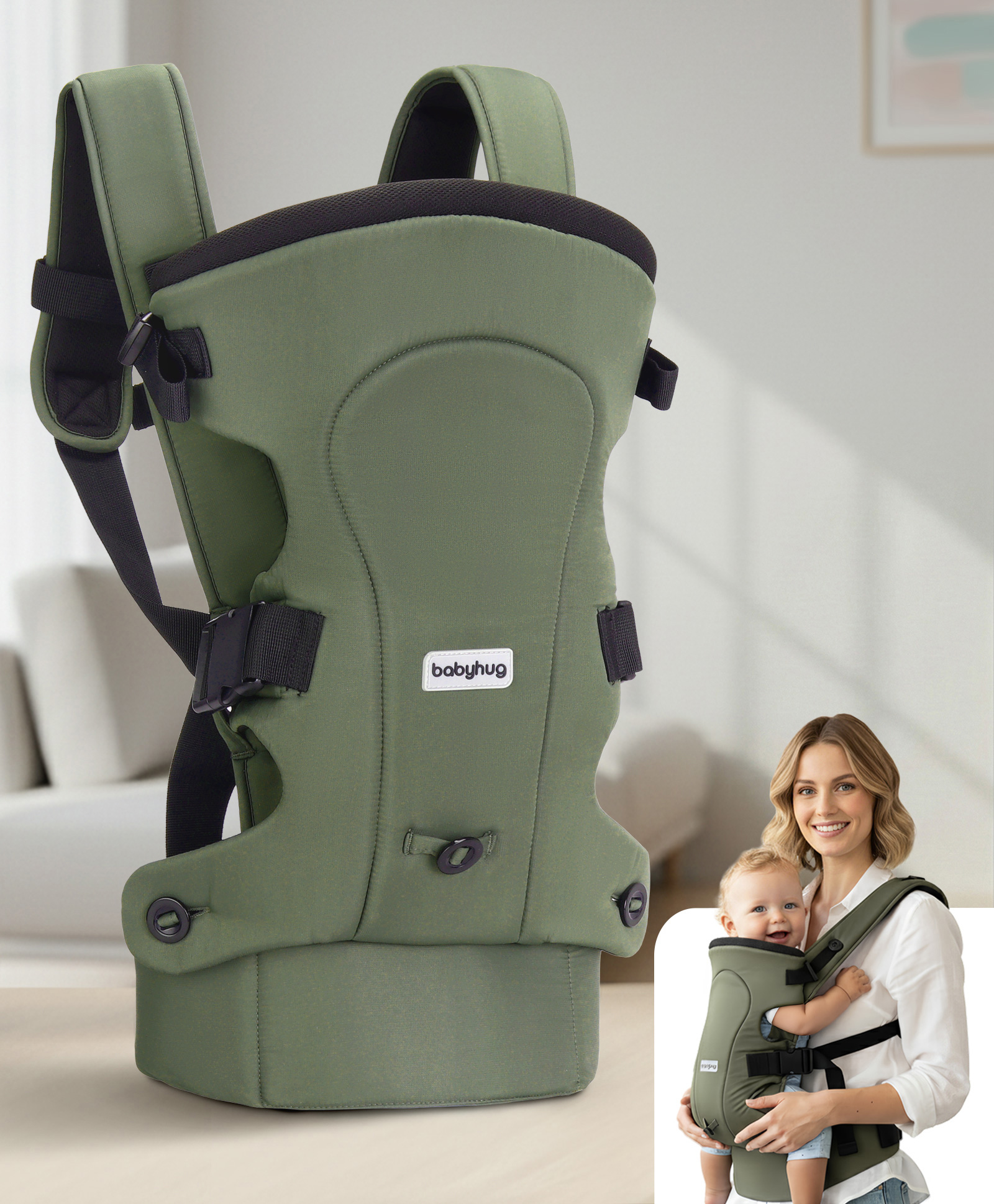 Babyhug CuddleNest 3 in 1 Ergonomic Baby Carrier - Green| Ideal for Carrying 3.6-15 kg Babies Age 5-36 mons| Paded Legopening| Optimal Weight Distribution| Adjustable Safety Buckle| Breathable Fabric