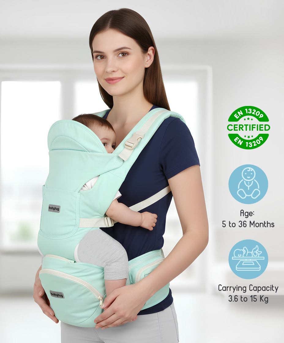 Babyhug Snuggle Bloom 8 in 1 Baby Carrier with Hip Seat - Sea Green| Ideal for Carrying 3.6-15 kg Babies Aged 5-36 months| Optimal Weight Distribution| Adjustable Safety Buckle| Breathable Fabric