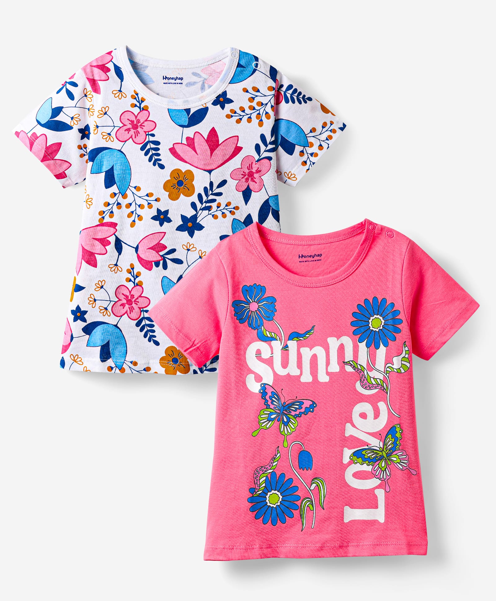 Honeyhap Premium 100% Cotton Knit Half Sleeves T-Shirts with Bio Finish & Floral Print Pack of 2 - Bright White & Hot Pink-picture-21