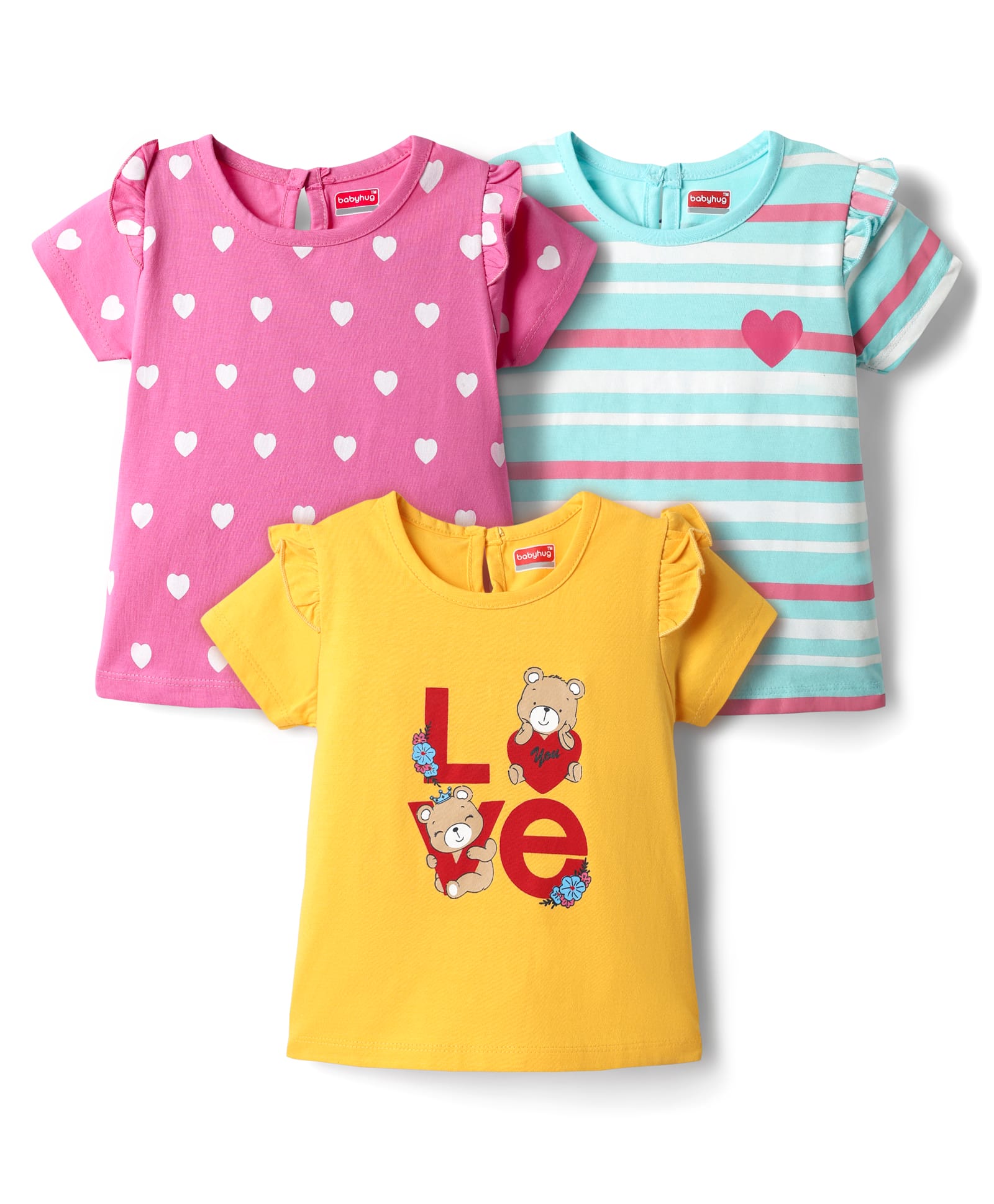 Babyhug 100% Cotton Knit Half Sleeves T-Shirts With Stripes & Heart Print Pack Of 3 - Pink & Light Blue-image-48