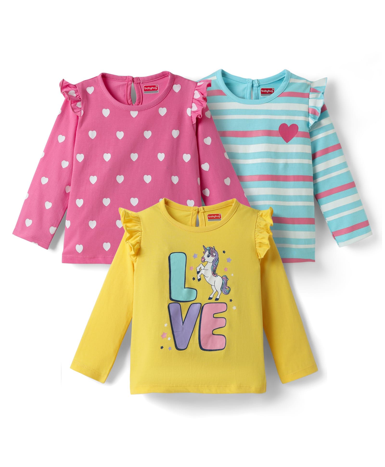 Babyhug 100% Cotton Knit Full Sleeves Striped T-Shirts with Hearts & Unicorn Print Pack of 3 - Yellow Pink & Light Blue-picture-38