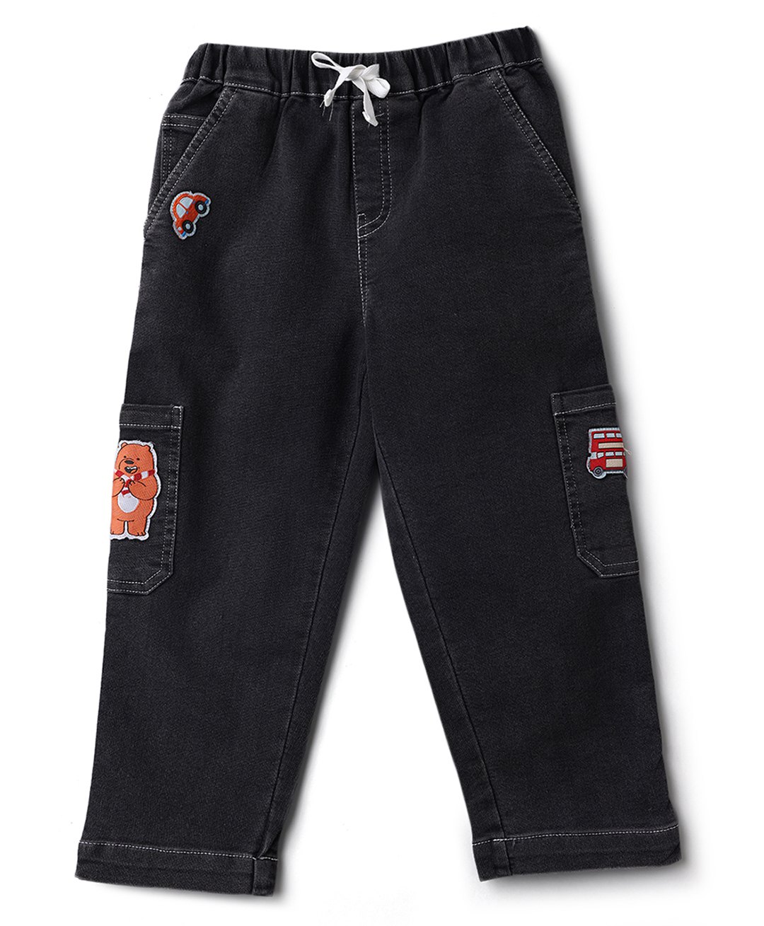Nautinati Cotton Bear & Car Patch Detailed Jeans - Black-picture-4