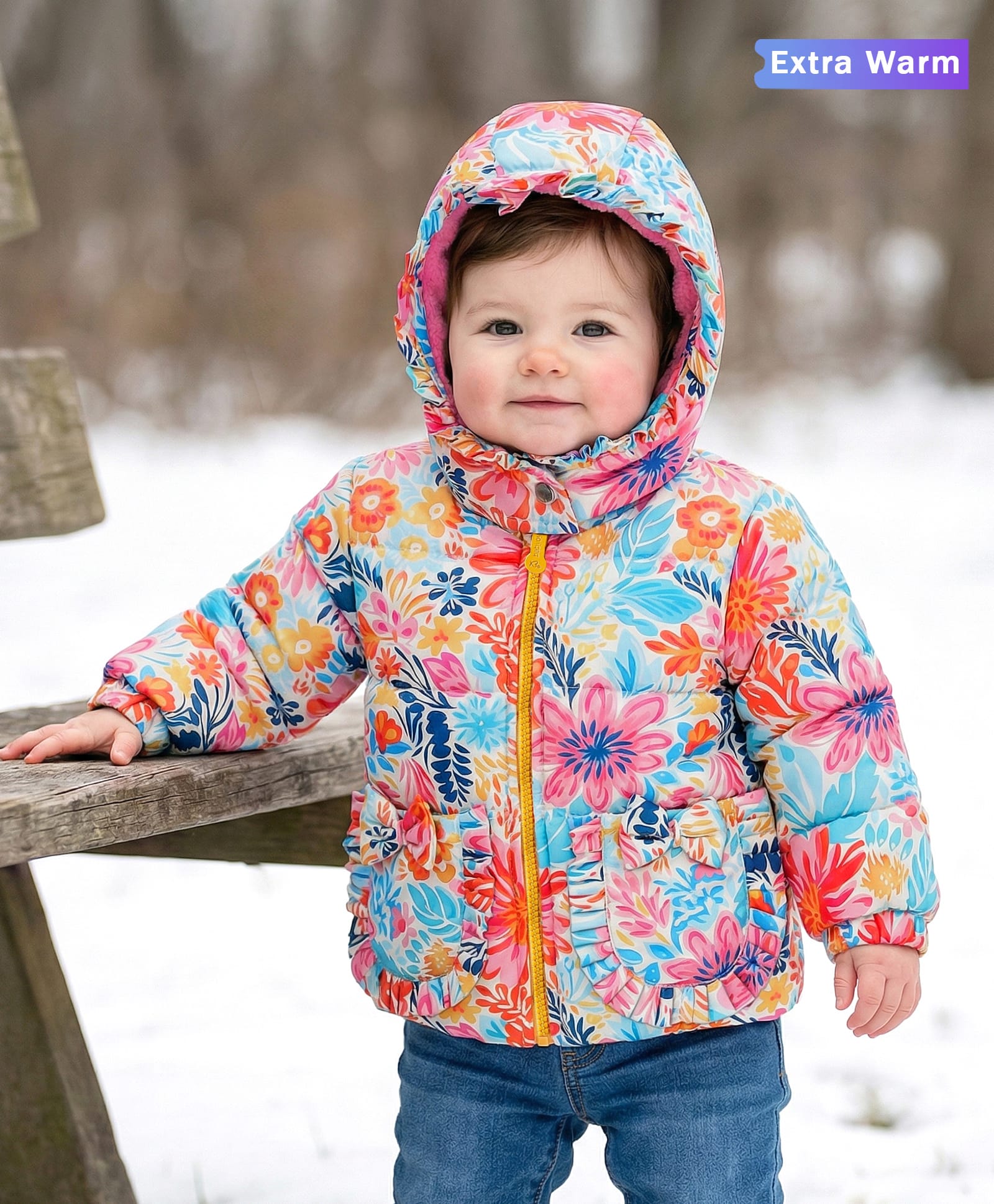 Babyoye Woven Front Open Full Sleeves Floral Printed Padded Hoodie - Multi colour-picture-24