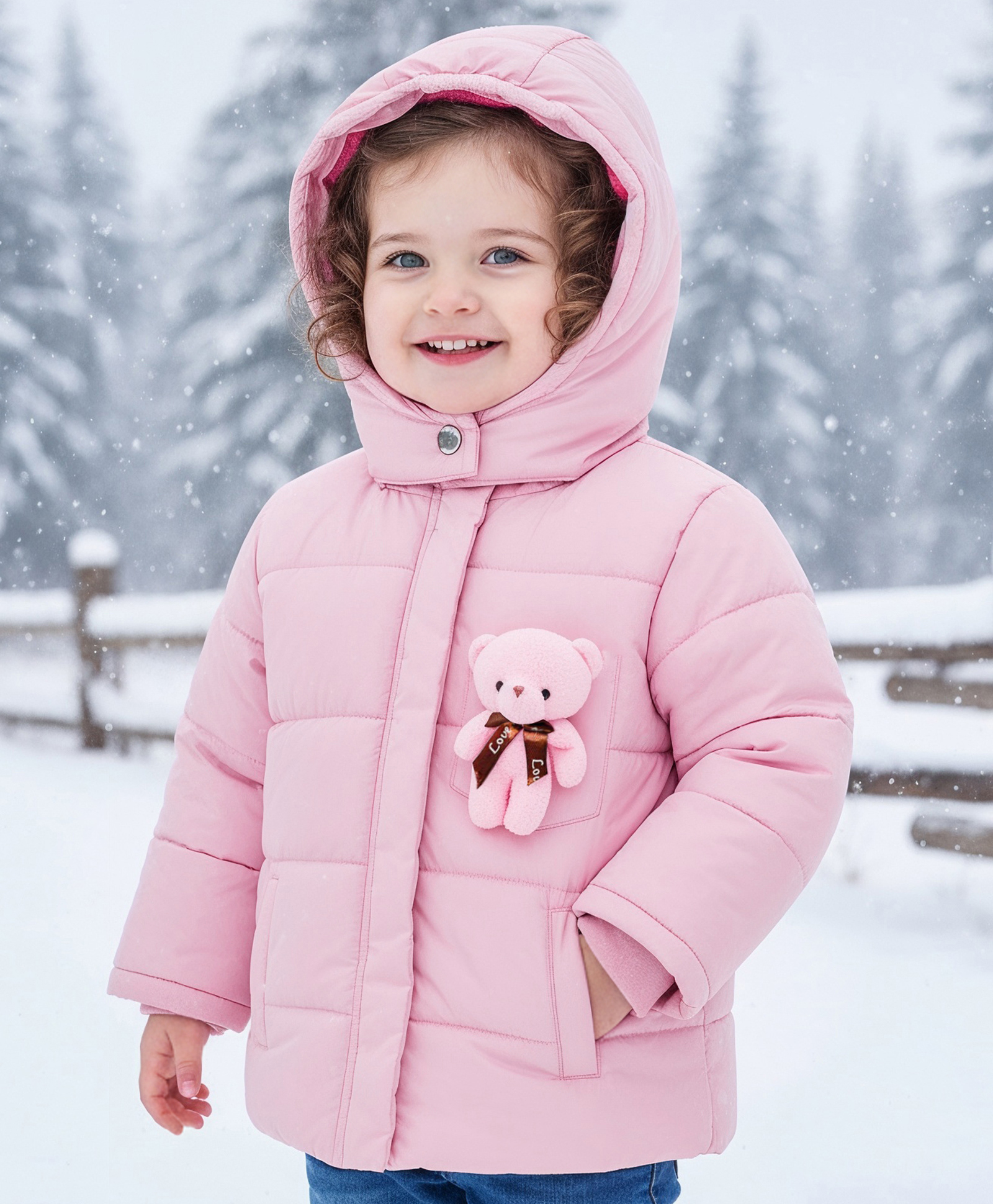 Babyoye Woven Full Sleeves Solid Dyed Padded Hooded Winter Jacket with Bear Applique - Pink-image-42