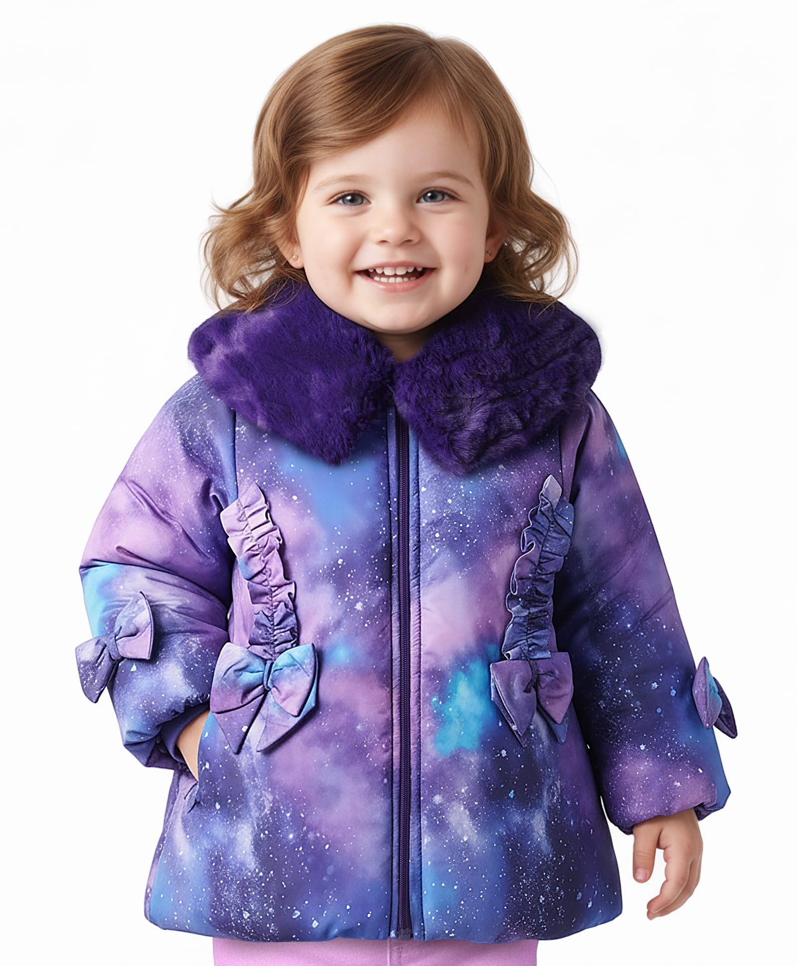 Babyoye Woven Full Sleeves Galaxy Theme Printed Padded Winter Jacket With Bow Applique - Purple-image-26
