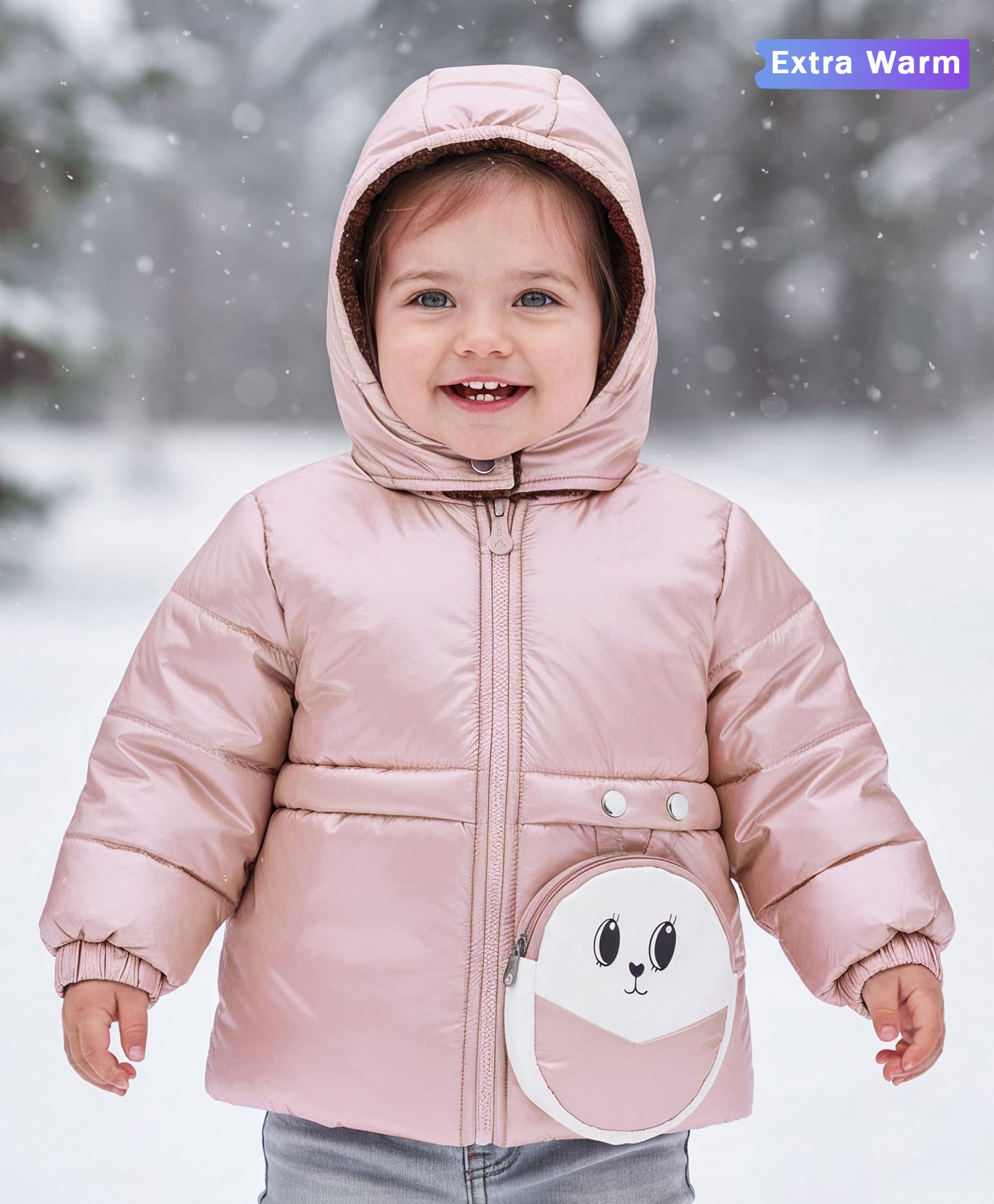 Babyoye Woven Full Sleeves Solid Front Open Hooded Padded Jacket With Mini Purse - Pink-picture-23