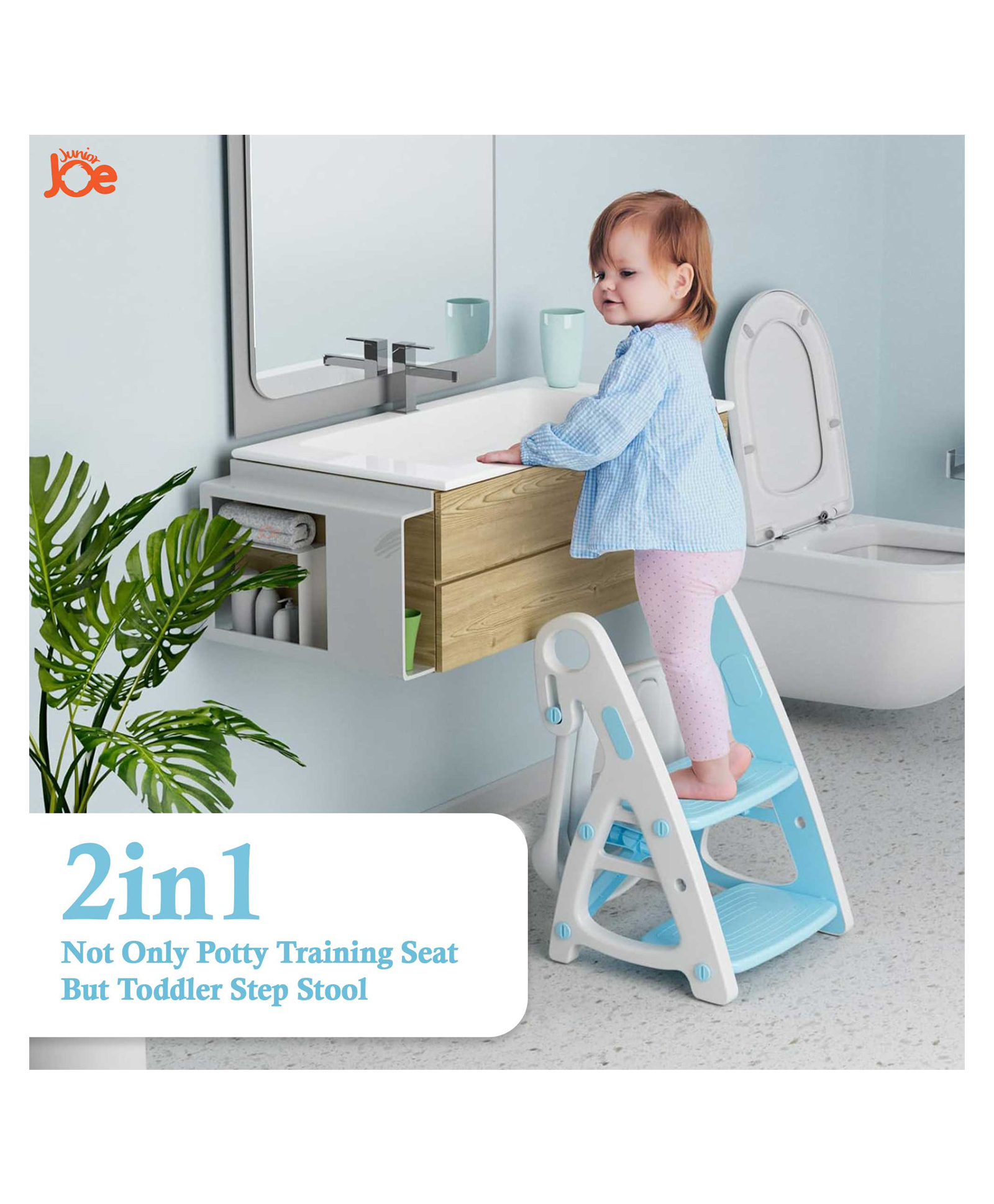 JUNIOR JOE 2-in-1 Potty Training Seat with Ladder Toddler Step Stool & Adjustable Toilet Trainer (Blue & White)-image-39