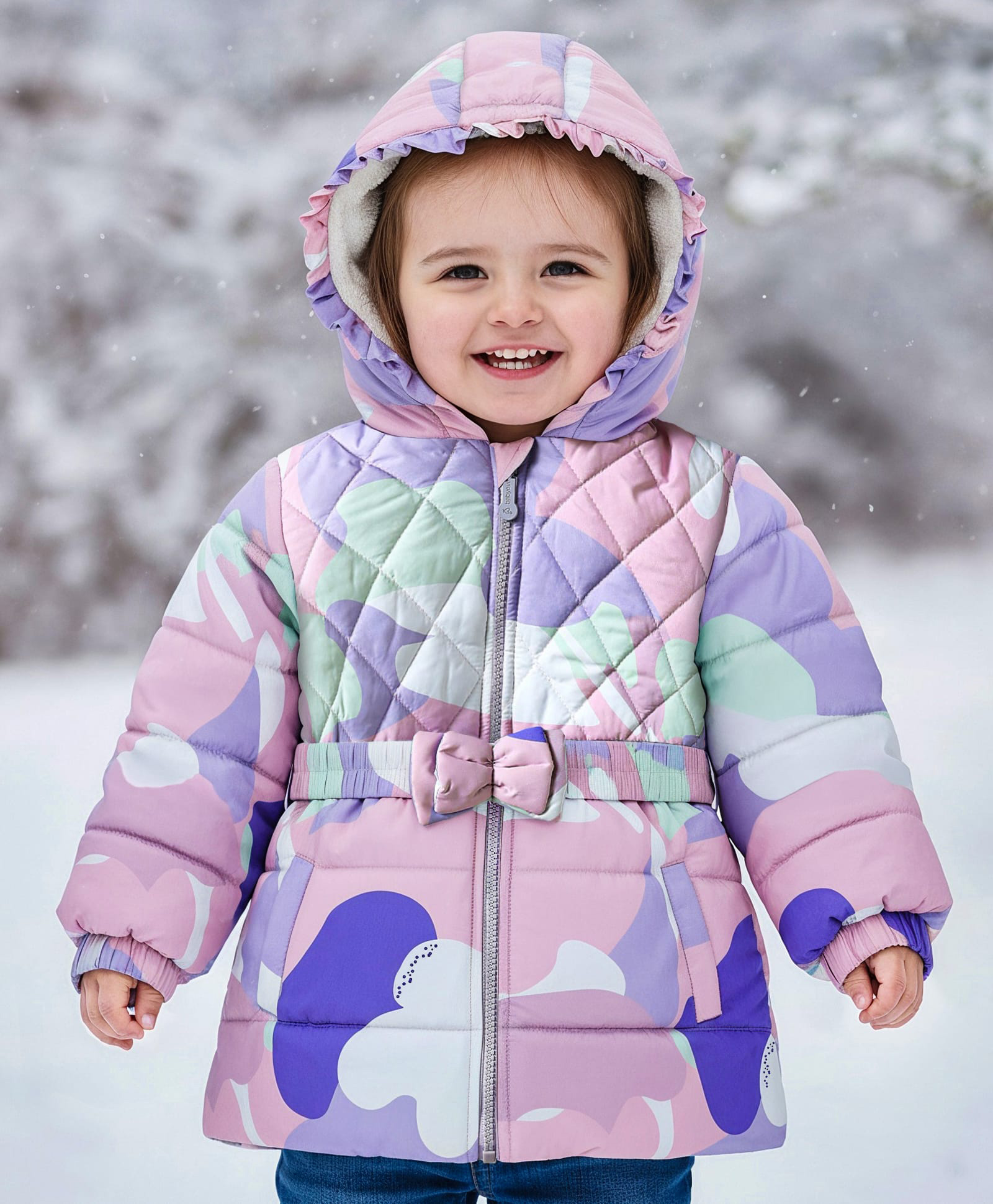 Babyoye Woven Front Open Full Sleeves Abstract Printed Padded Hoodie With Bow Detailing - Multi colour-picture-10