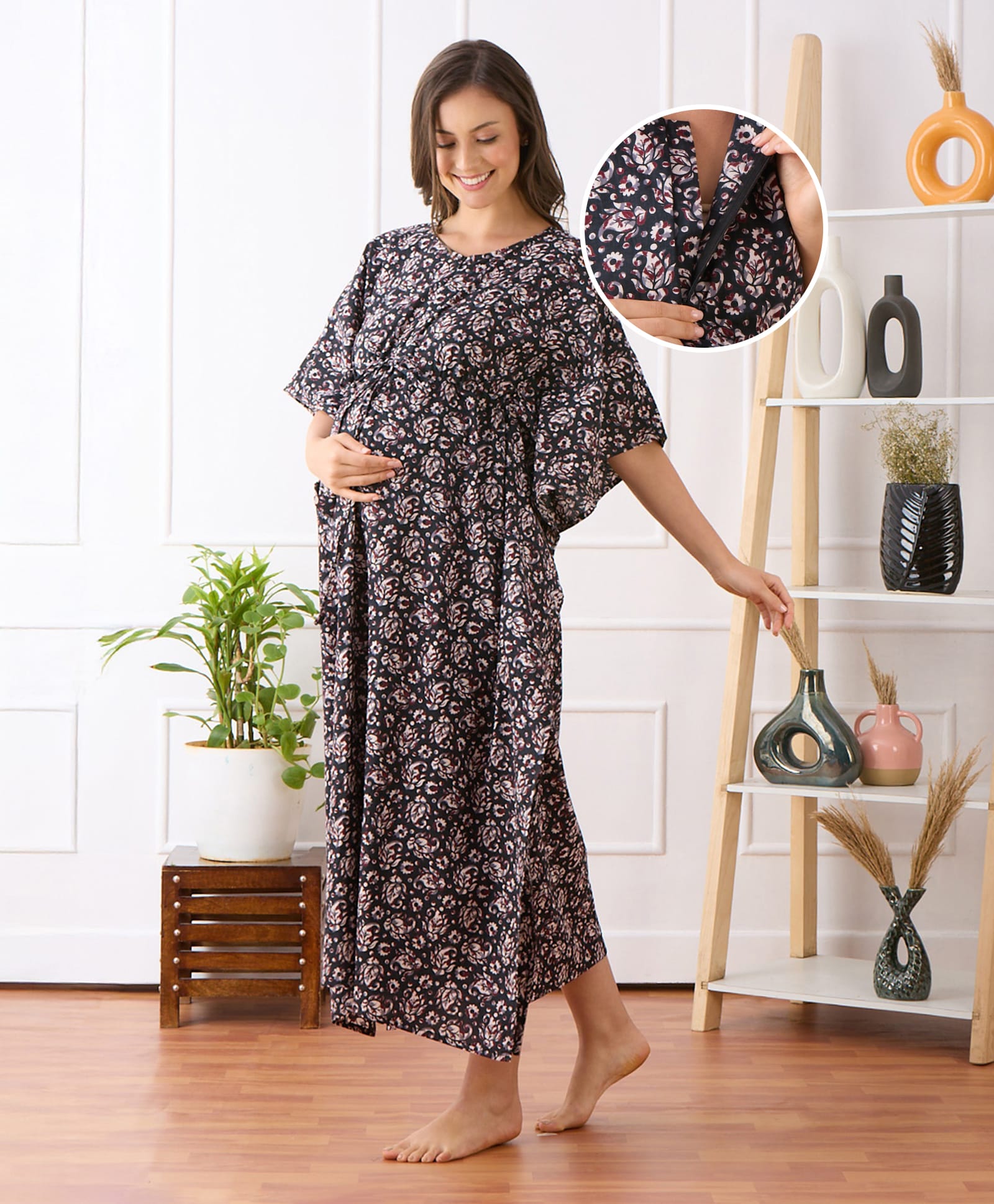 Bella Mama Cotton Woven Maternity Nursing Kaftan With Floral Print - Black-picture-6
