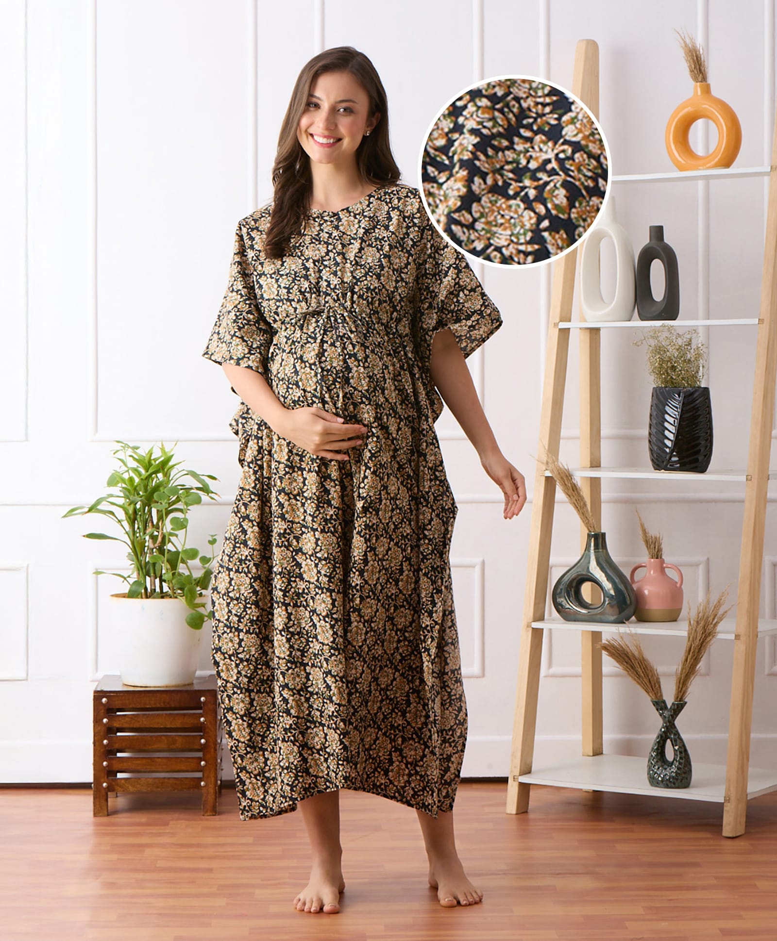 Bella Mama Cotton Woven Maternity Nursing Kaftan With Floral Print - Black-image-39