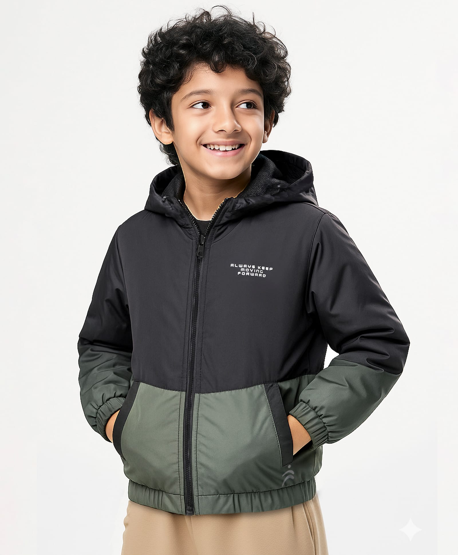 Pine Active Woven Full Sleeves Cut & Sew Ultra Comfort Athleisure Hooded Jacket With Text Print - Black & Green