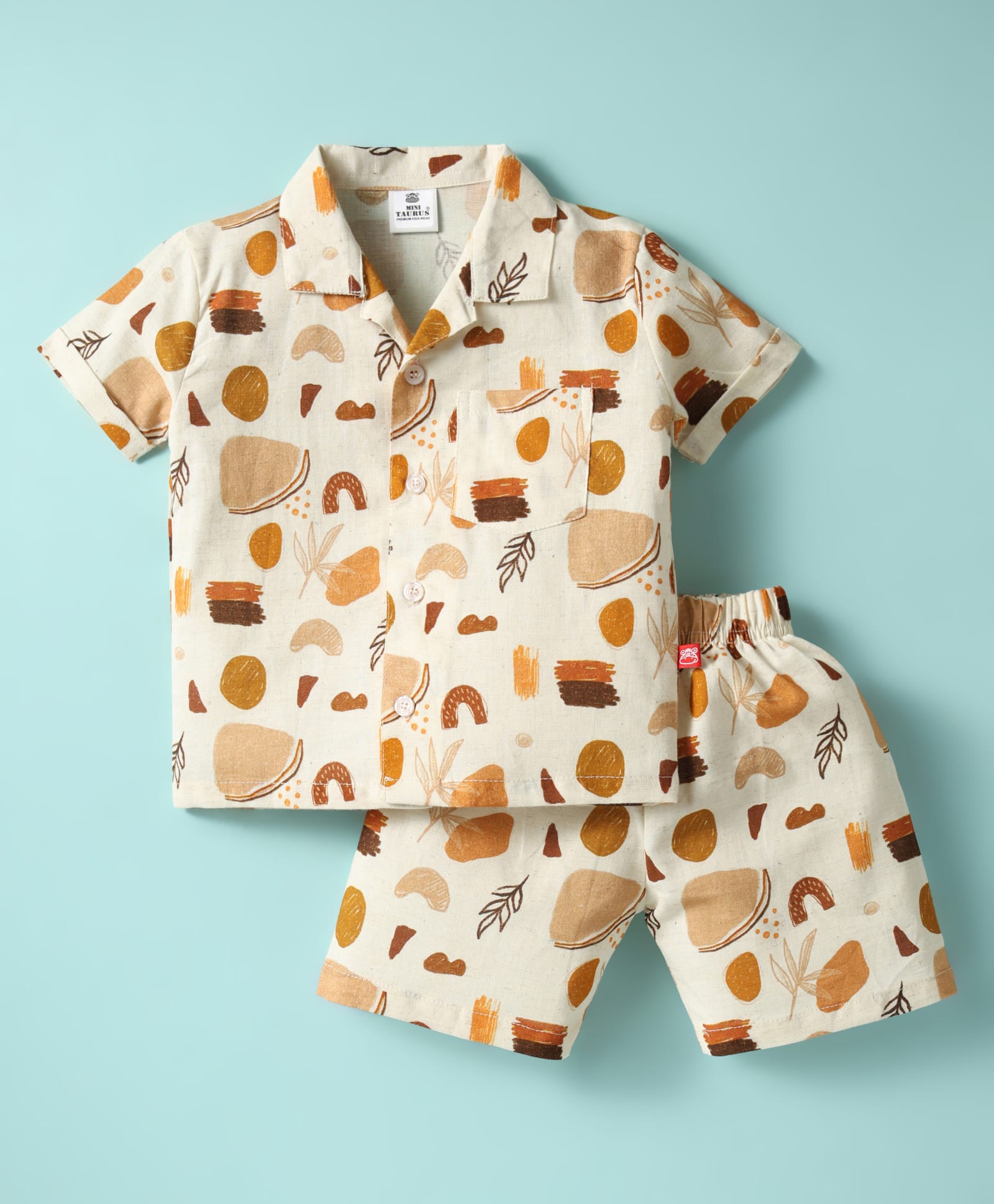 Mini Taurus Cotton Woven Half Sleeves Shorts Co-Ord Night Suit With Snacks Print - Rust-picture-14