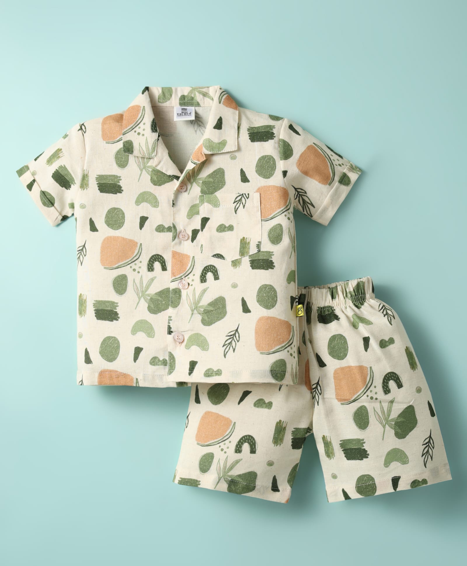 Mini Taurus Cotton Woven Half Sleeves Shorts Co-Ord Night Suit With Snacks Print - Green-image-26