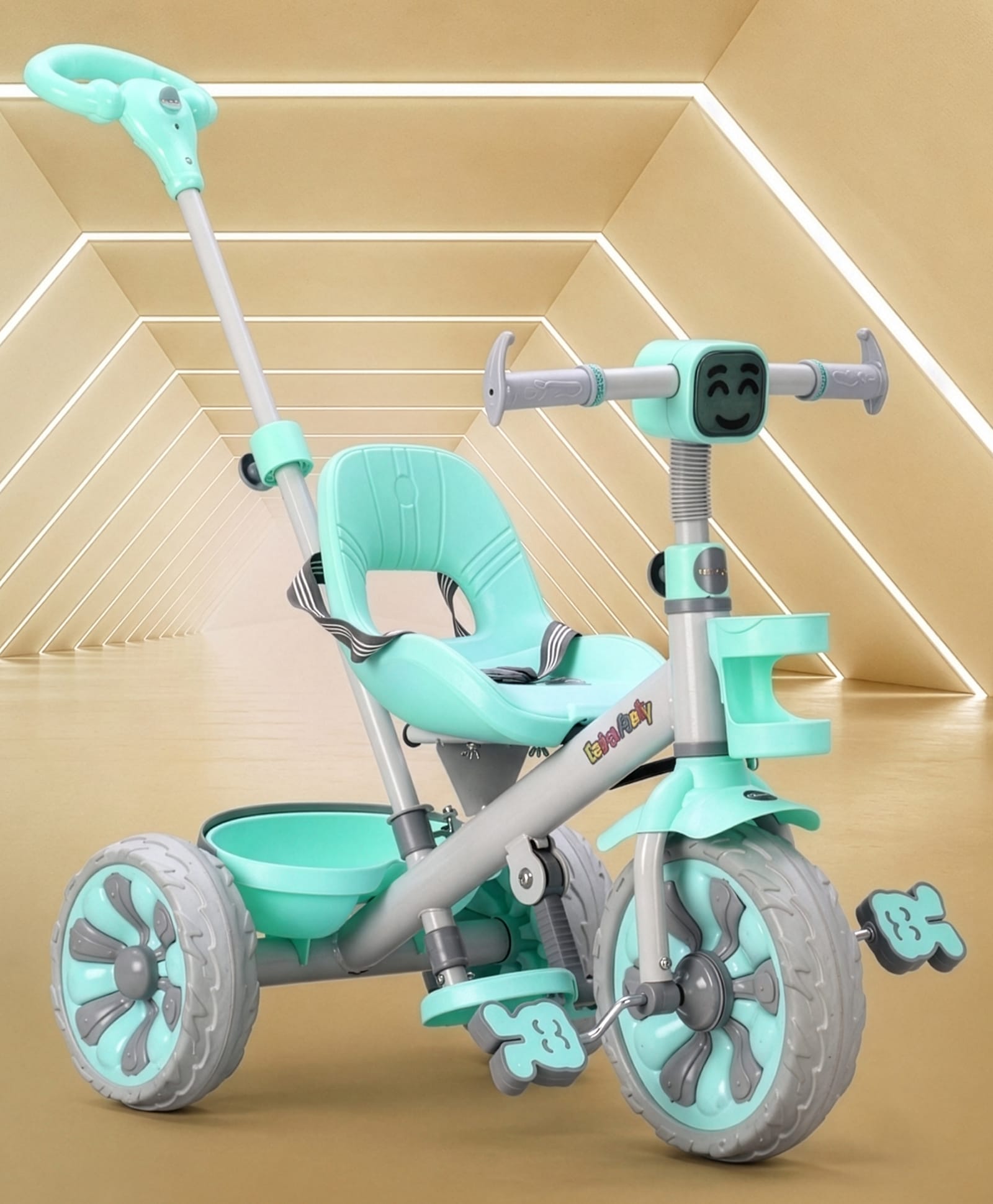 fab n funky Emo-G Light & Musical Tricycle with 3-Level Adjustable Parental Control -Green|Front Bottle Holder| Safety Harness| Foldable Footrest|Rear Storage Basket|Anti-Skid Wheels| Comfortable Seat-picture-16