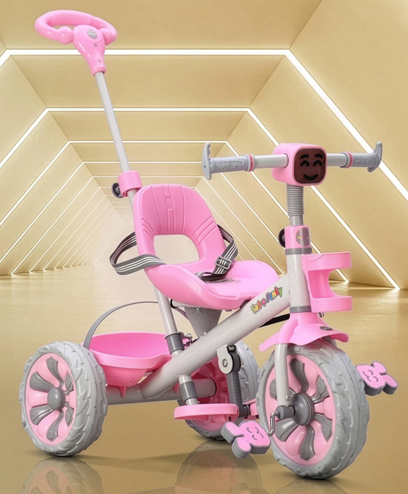 fab n funky Emo-G Light & Musical Tricycle with 3-Level Adjustable Parental Control -Pink|Front Bottle Holder| Safety Harness| Foldable Footrest| Rear Storage Basket| Anti-Skid Wheels|Comfortable Seat-picture-18