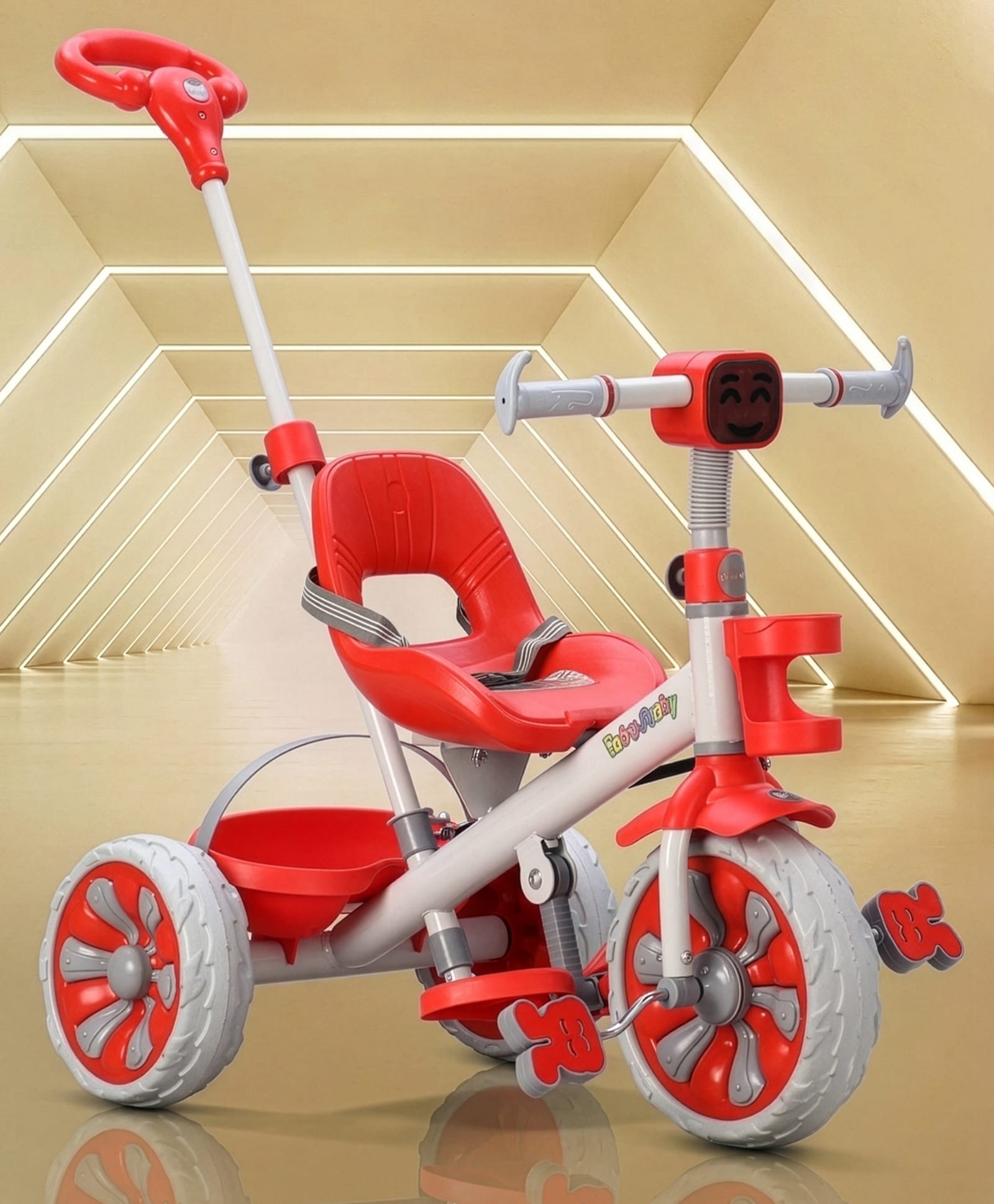 fab n funky Emo-G Light & Musical Tricycle with 3-Level Adjustable Parental Control -Red|Front Bottle Holder| Safety Harness| Foldable Footrest| Rear Storage Basket| Anti-Skid Wheels| Comfortable Seat-picture-17