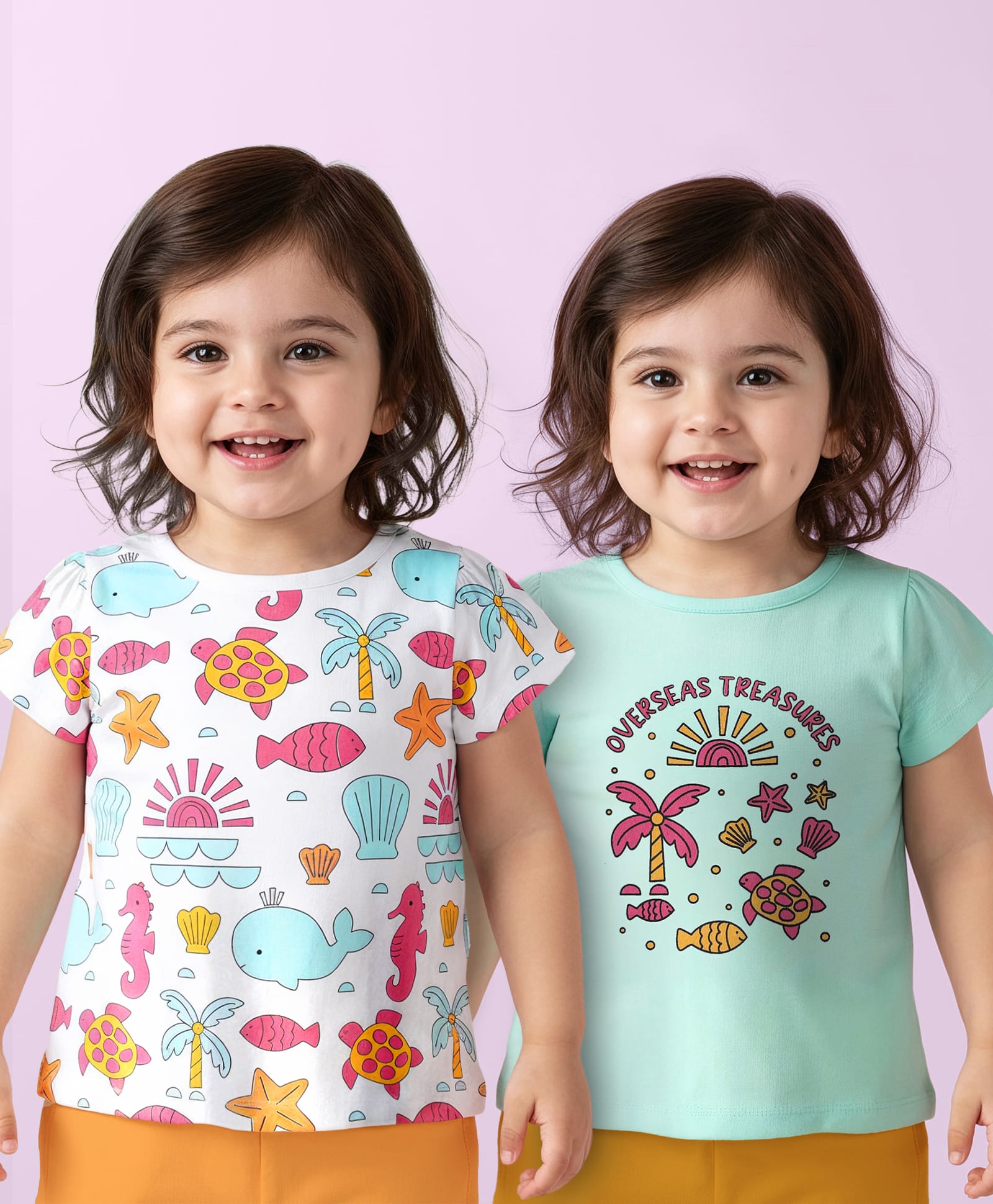 Doodle Poodle 100% Cotton Knit Half Sleeves Tops with Sea Life Print Pack of 2 - Light Blue & White-picture-16