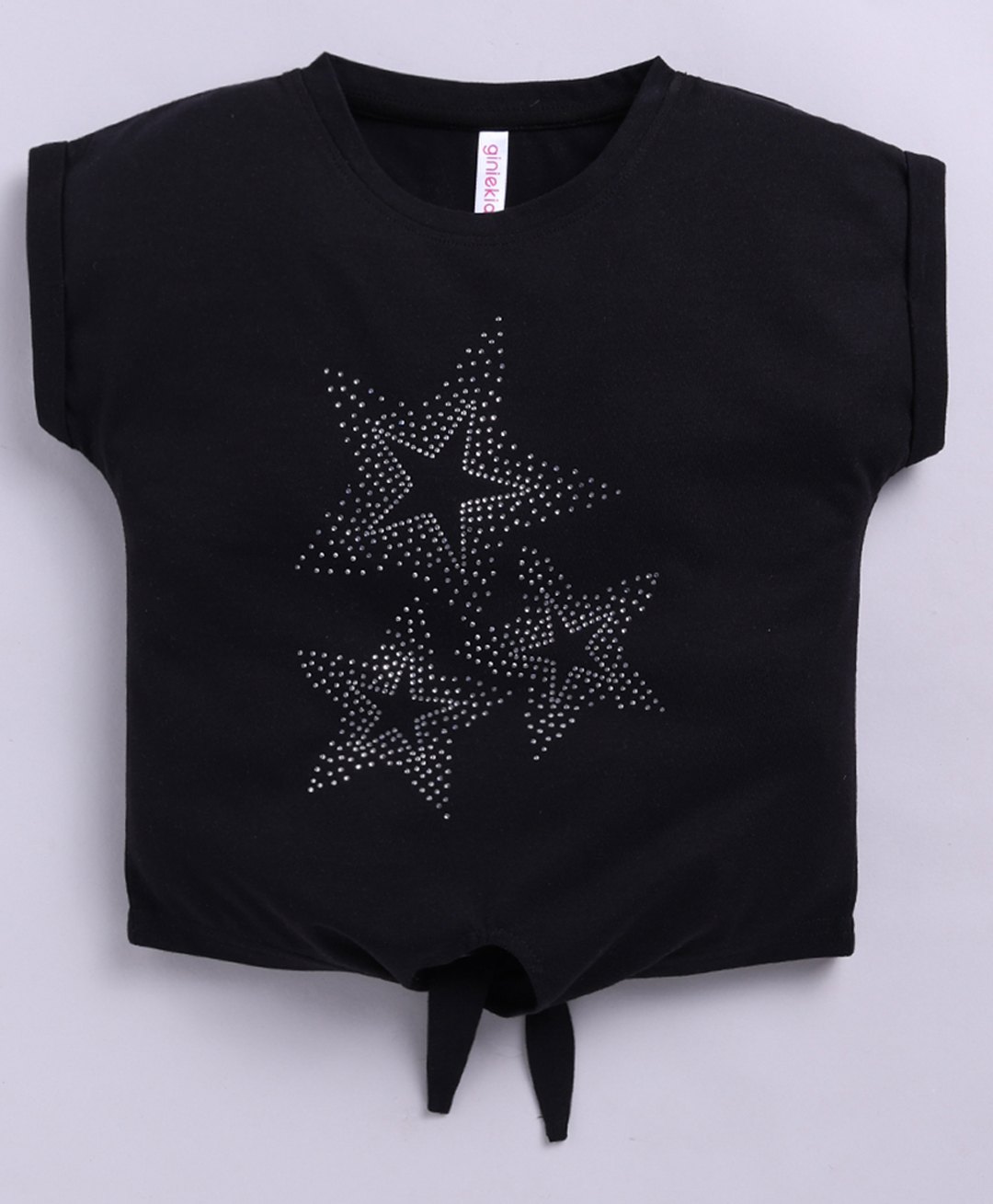 giniekids Cotton Blend Sleeveless Stars Stone Embellished Crop Top - Black-image-26